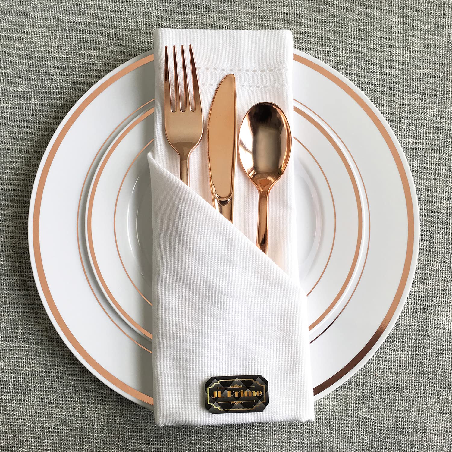 JL Prime 50-Piece Rose Gold Plastic Plates Set - Reusable & Recyclable Dinnerware for Weddings, Parties, Events - 25 Dinner Plates & 25 Salad Plates - Elegant Rose Gold Rim Dishes for Anniversary, Bridal Shower, Birthday Celebration & Home Decor