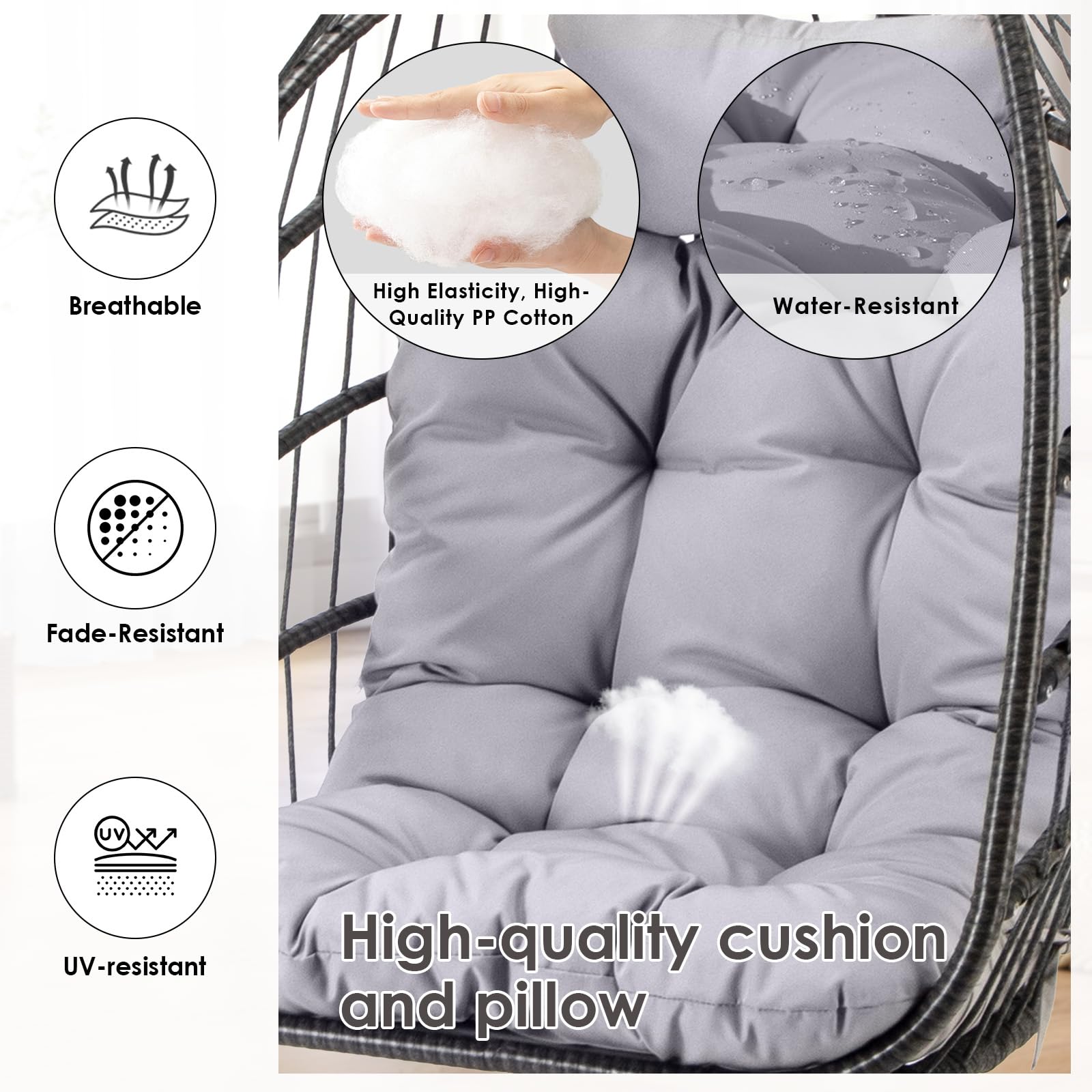 Premium Outdoor Hanging Egg Chair with Stand - Waterproof Cushions & PE Rattan Wicker - Foldable Swing Chair for Patio, Garden, Balcony - Indoor/Outdoor Use - 350lbs Capacity (Light Grey) - Perfect for Relaxing, Reading & Lounging in Your Backyard or Living Room