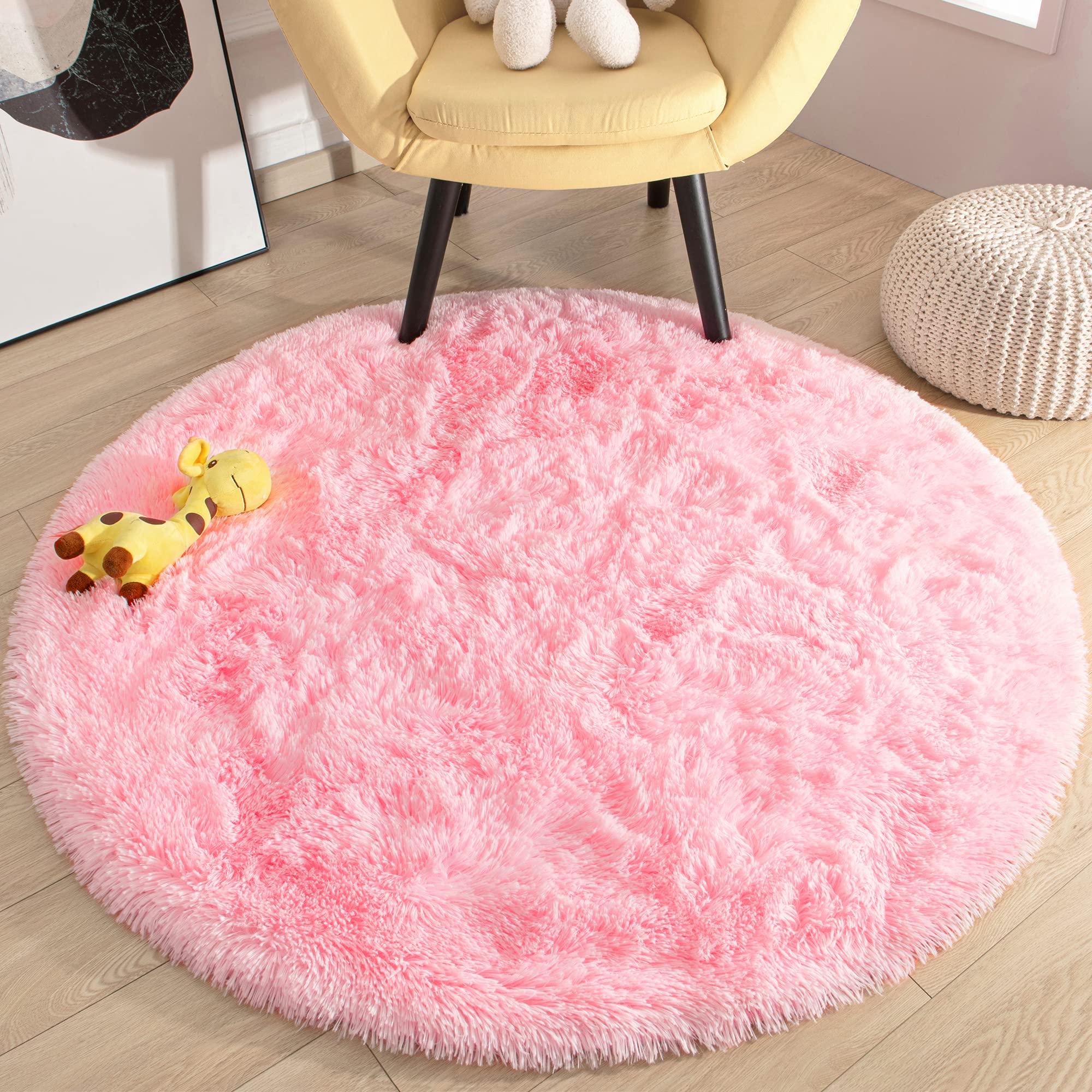 Soft Pink Fluffy Round Area Rug 4x4 Feet - Non-Slip Shaggy Plush Circle Carpet for Kids Room, Nursery, Bedroom & Living Room Decor | Cozy Home Accent for Play Areas, Reading Nooks & Floor Seating