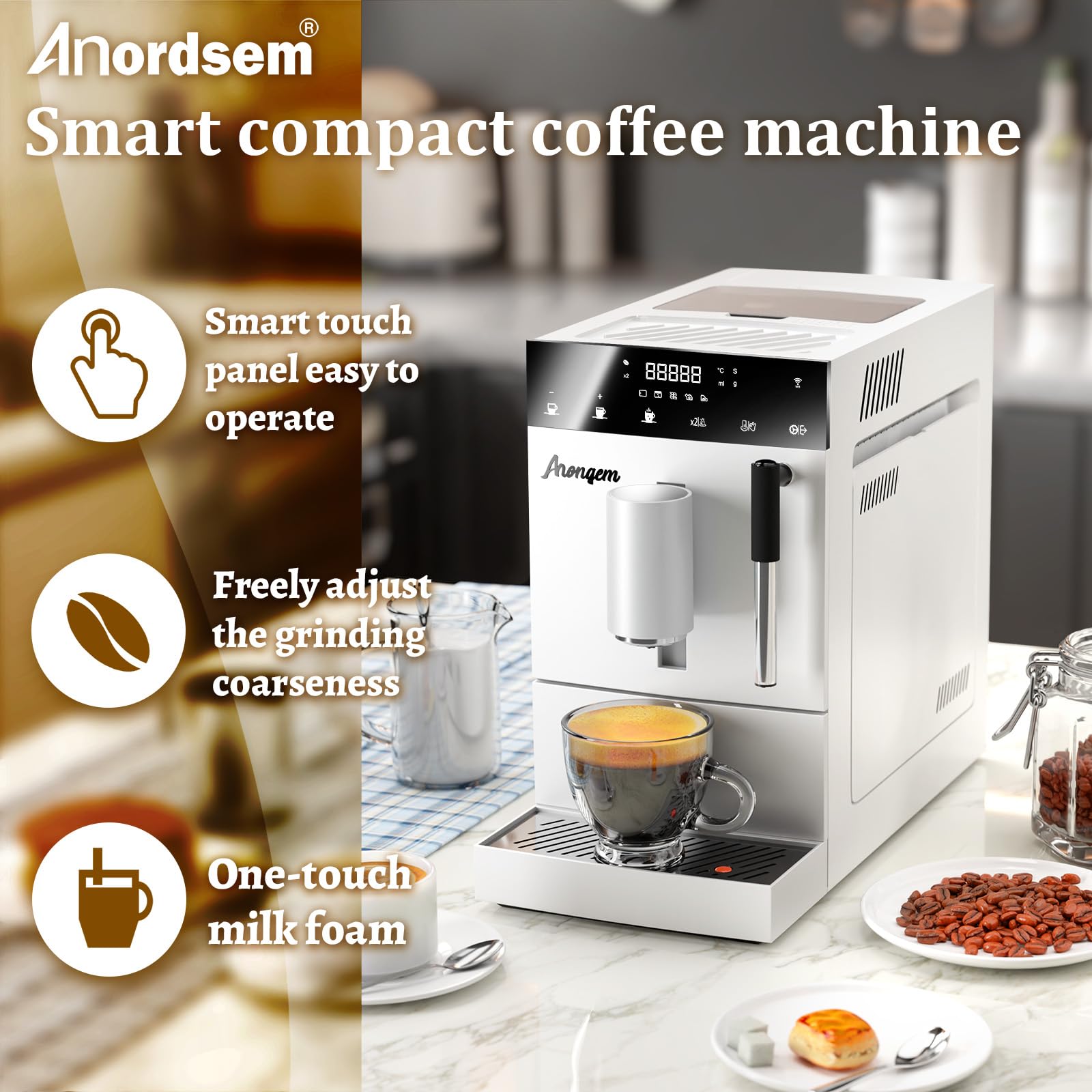 Automatic Espresso Coffee Machine with Built-In Grinder & Milk Frother - White Home Barista System for Homemade Cappuccino, Latte & Espresso | Perfect for Kitchen Countertops, Office Break Rooms & Small Coffee Shops