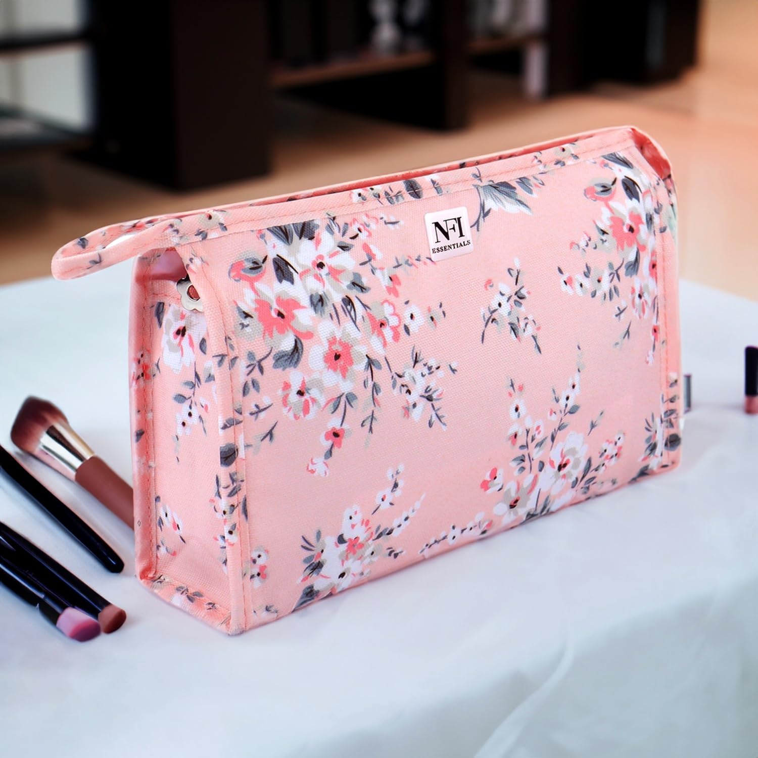 NFI Essentials PU Floral Print Makeup Pouch for Women - Waterproof Cosmetic Bag, Travel Toiletry Organizer, Vanity Case for Makeup Brushes & Accessories | Perfect for Travel, Gym, Daily Use & Gift