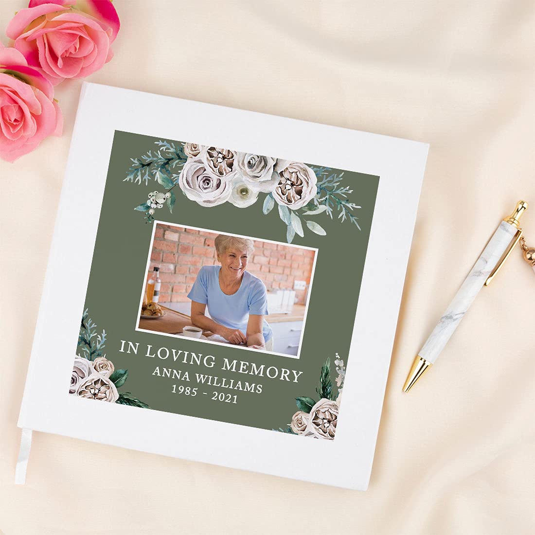 Andaz Press Personalized Memorial Guest Book with Gold Foil Accents - Ivory Peonies Design, 120 Pages, 8.5