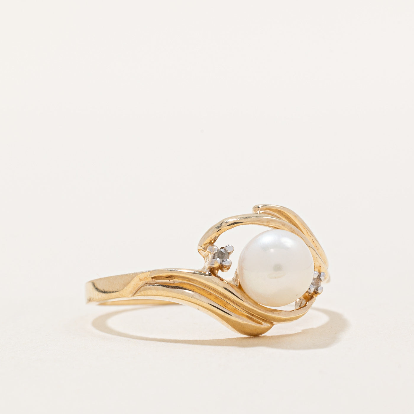Three Stone Pearl & Diamond Bypass Ring - 6.00mm Cultured Pearl, 0.01ctw Diamond Accents, Size 6.75 - Elegant Bridal Jewelry for Engagement, Wedding & Anniversary Gifts