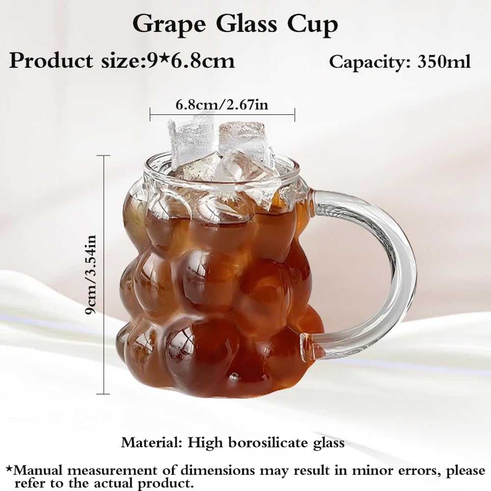 12oz Creative Grape-Shaped Drinking Glasses - Clear Reusable Aesthetic Cups with Handle for Cocktails, Water, Soda, Iced Coffee, Tea, Juice, Milk & Beer - Perfect for Parties, Home Bar & Kitchen Decor