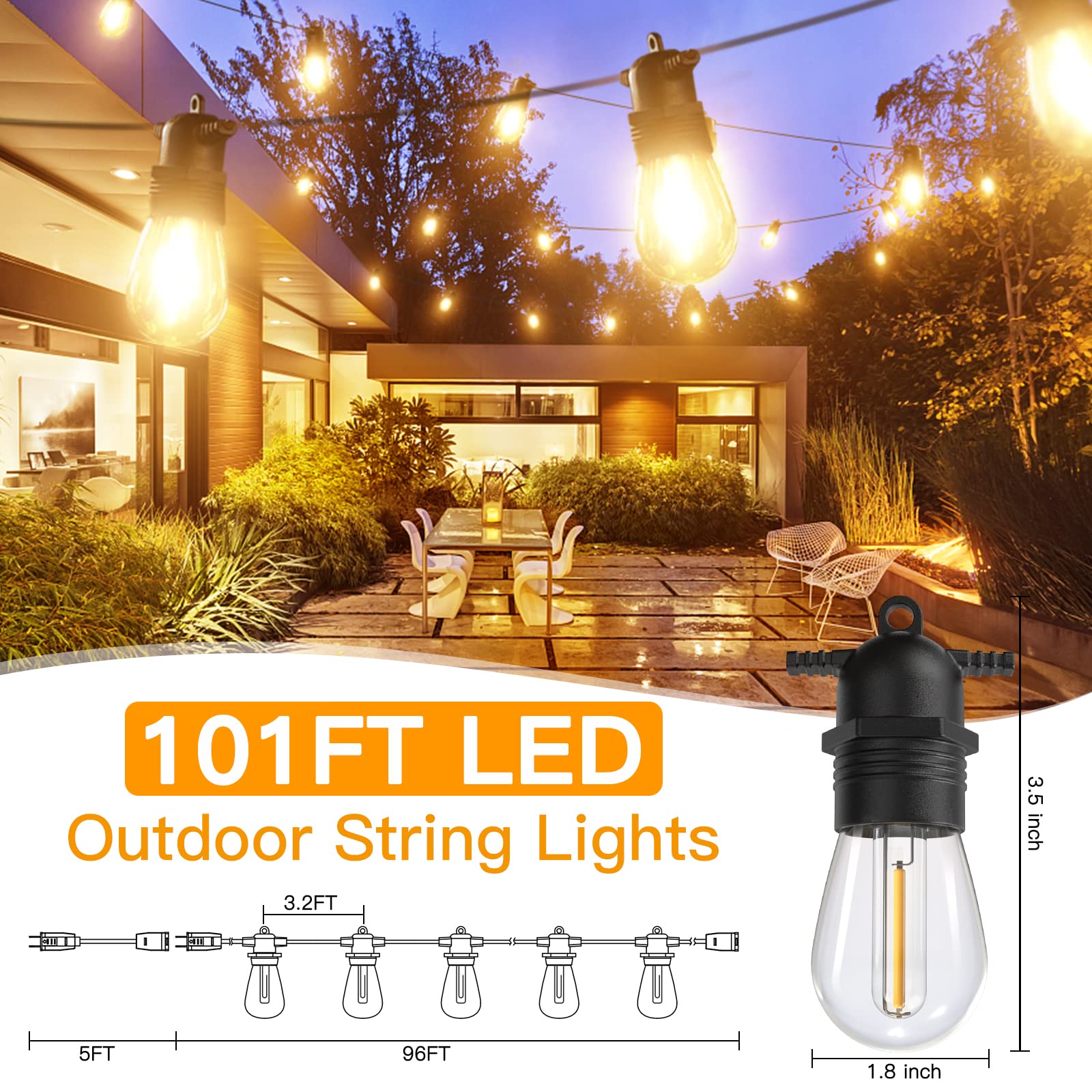 Novtech 101FT 30+2 Bulbs Outdoor String Lights - IP65 Waterproof LED Patio Lights for Gazebo, Backyard, Bistro, Cafe, Deck, Pergola, Balcony & Garden - Connectable Shatterproof Hanging Lights for Wedding, Party & Outdoor Decor (Warm White) - Perfect for Evening Gatherings, Romantic Dinners & Holiday Celebrations