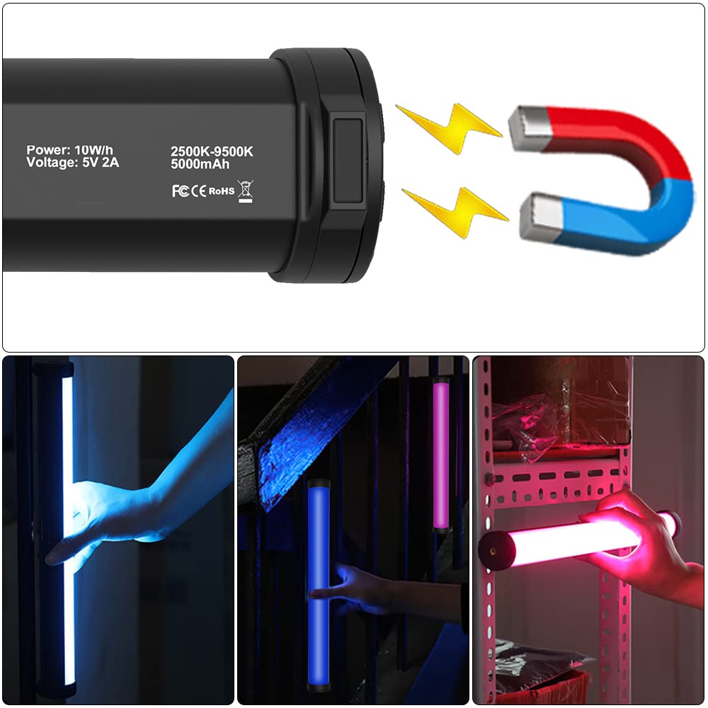 RGB LED Video Light Wand Stick - 360° Full Color Adjustable Portable Studio Lighting for Photography & Videography - 5000mAh Rechargeable Battery with Magnetic Base - Includes 27