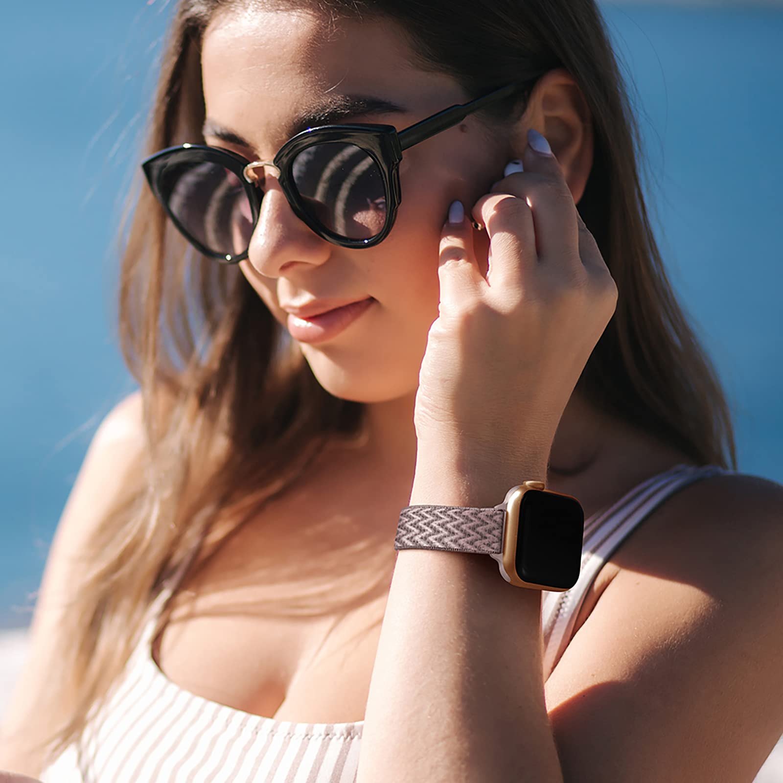 Slim Stretchy Nylon Apple Watch Band Compatible with 46mm/49mm/45mm/44mm/42mm - Women's Elastic Strap for iWatch Ultra 2/1, SE & Series 10/9/8/7/6/5/4/3/2/1 - Rose Pink & Rose Gold | Perfect for Workouts, Running & Everyday Wear