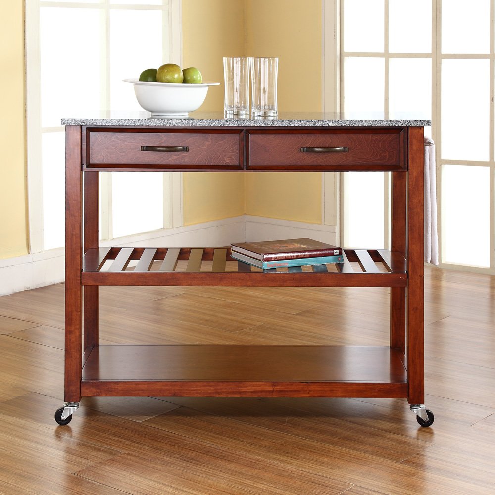Crosley Granite Top Kitchen Island Cart with Shelves - Microwave Stand, Coffee Bar Station, Cherry Finish - Perfect for Small Spaces, Apartments & Home Kitchen Prep