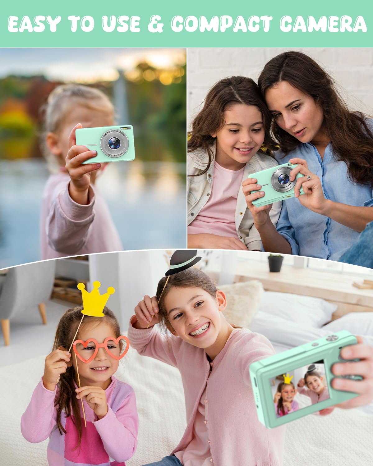 **44MP 1080P FHD Digital Camera for Kids & Beginners - Rechargeable, 16X Zoom, Compact (Green) - Perfect for Travel, School, Birthday Gifts & Photography Learning**
