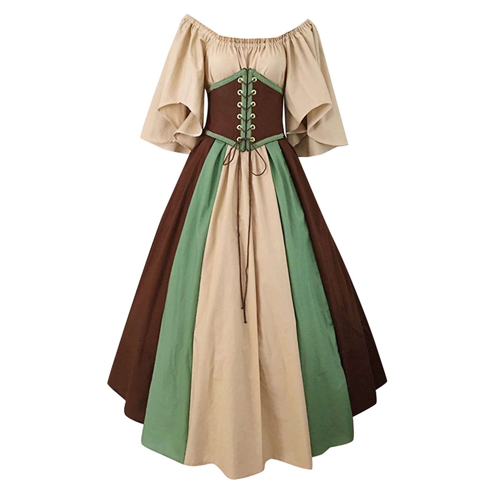 Women's Fashion Contrast Color Short Sleeve Dress - Solid Color Lace-Up Vintage Medieval Style Dress for Wedding Guest, Party & Special Occasions