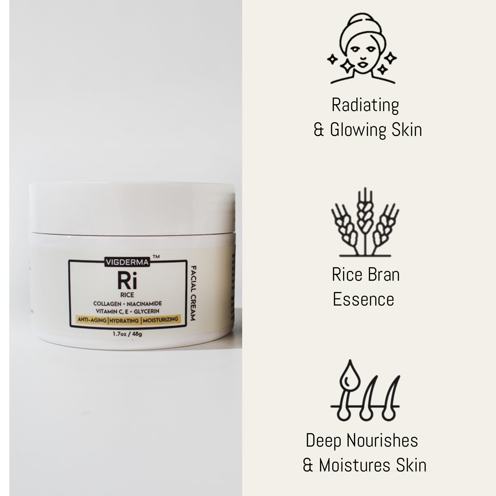 Rice Facial Light Cream 1.7oz - Rice Bran Essence with Collagen, Niacinamide & Vitamin C for Glowing Skin | Deeply Nourishing Korean Beauty Moisturizer | Improves Skin Moisture Barrier | Perfect for Daily Skincare Routine & Nighttime Hydration