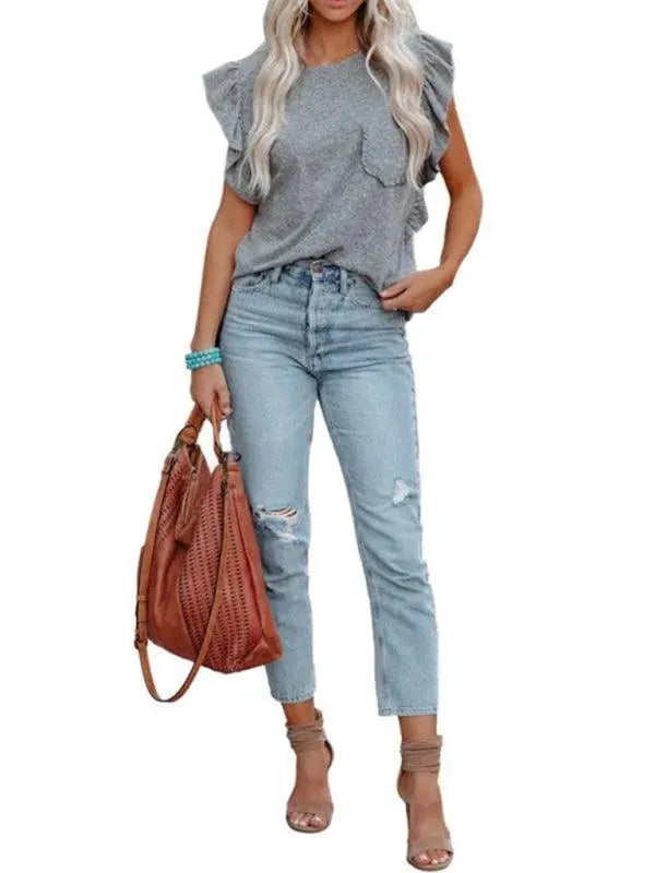 Elegant Ruffled Short Sleeve Women's Blouse - Flowy Casual Tops for Summer Outfits, Date Nights & Office Wear