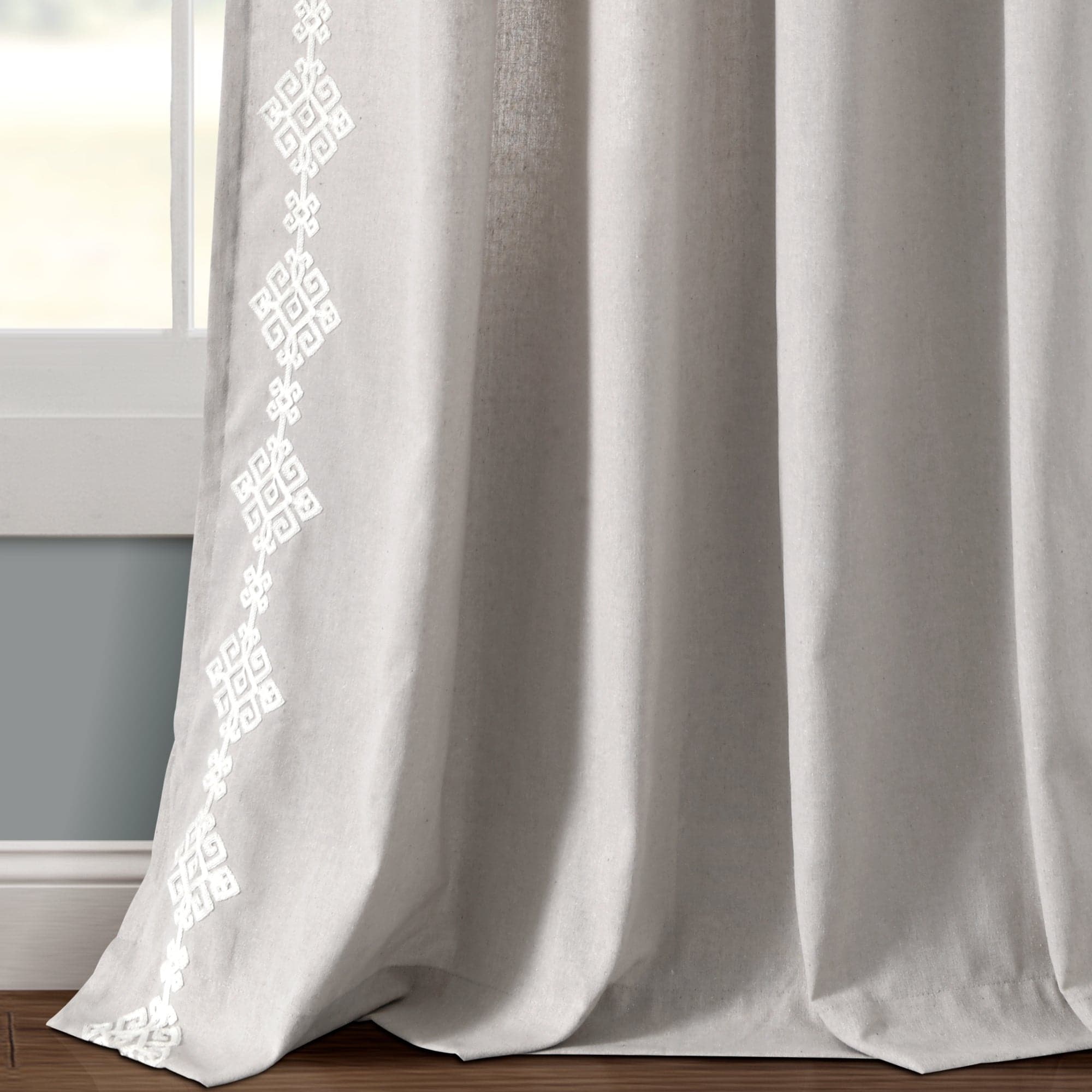 Luxury Modern Geo Linen-Like Embroidery Border Window Curtain Panel - Elegant Home Decor for Living Room, Bedroom & Dining Room