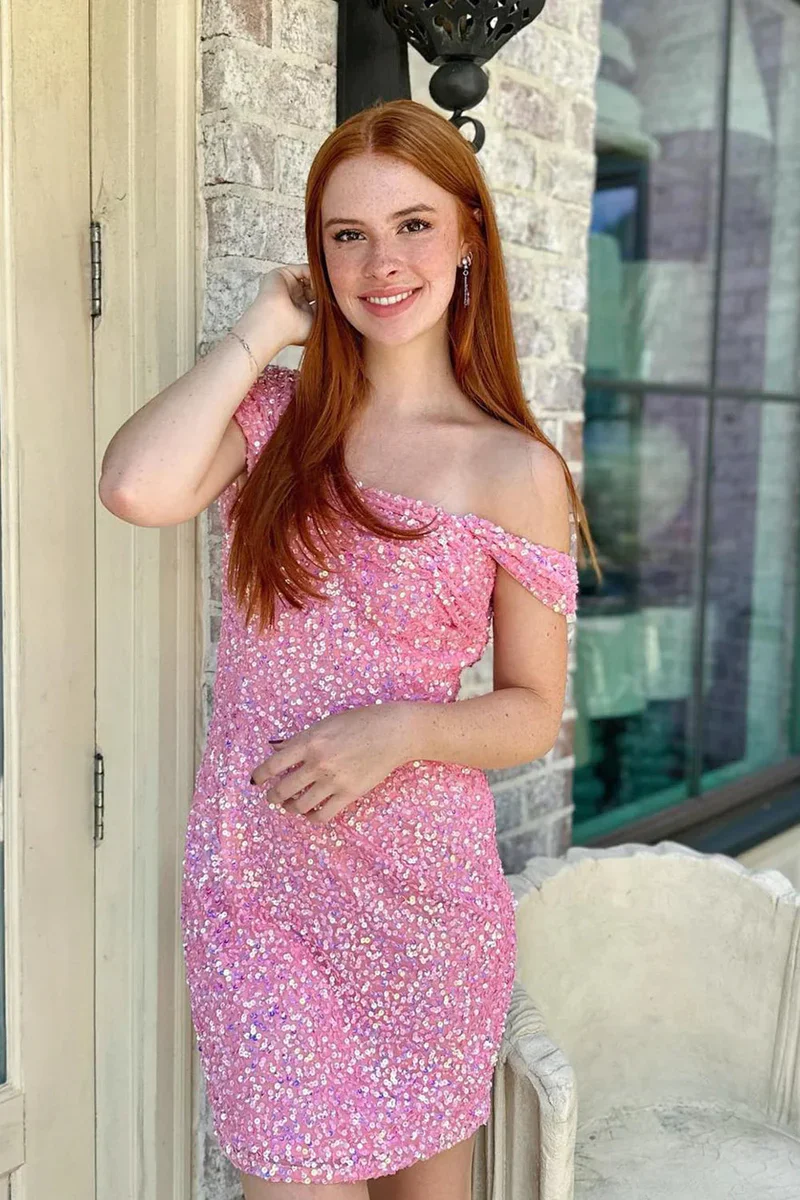 Pink Sequin Off The Shoulder Short Homecoming Dress J4224 - Perfect for Prom, Party, and Special Occasions