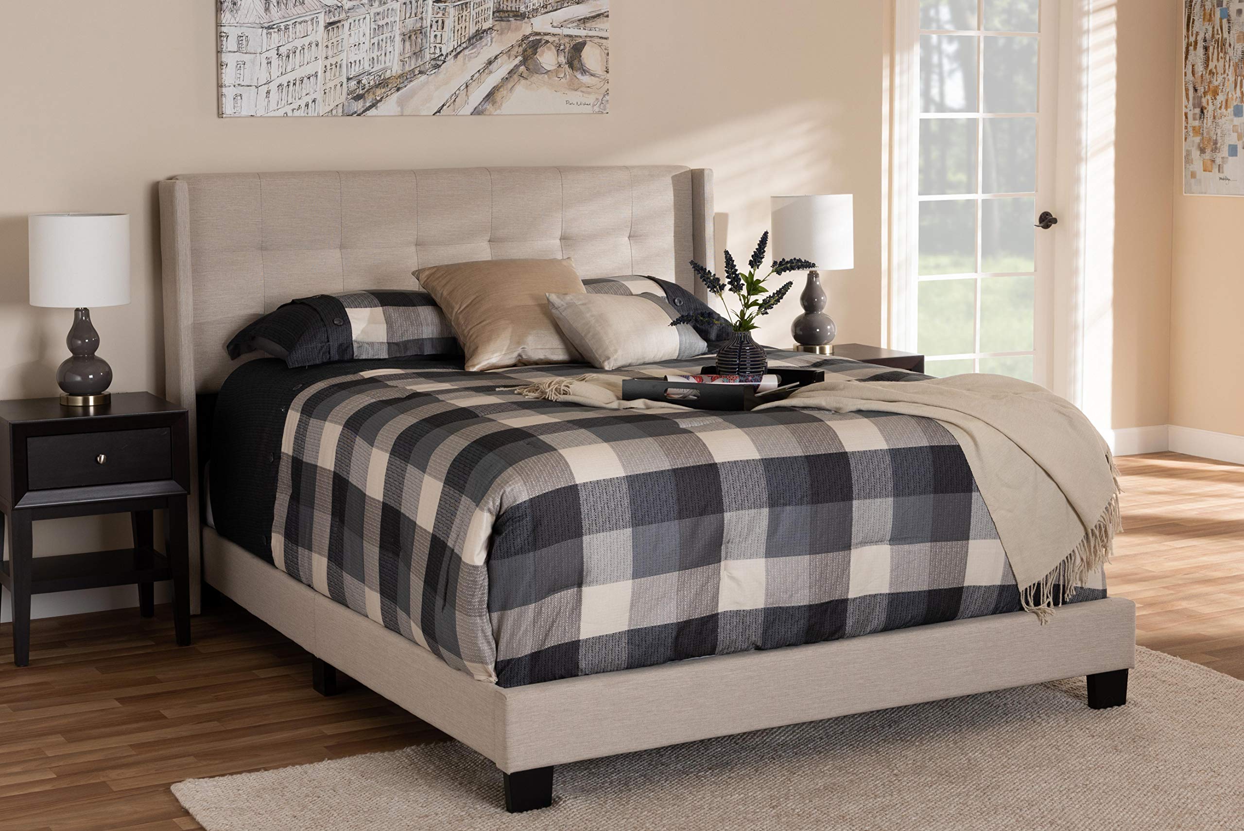 Baxton Studio Queen Size Bed Frame with Box Spring Required - Beige Upholstered Platform Bed for Modern Bedroom Decor