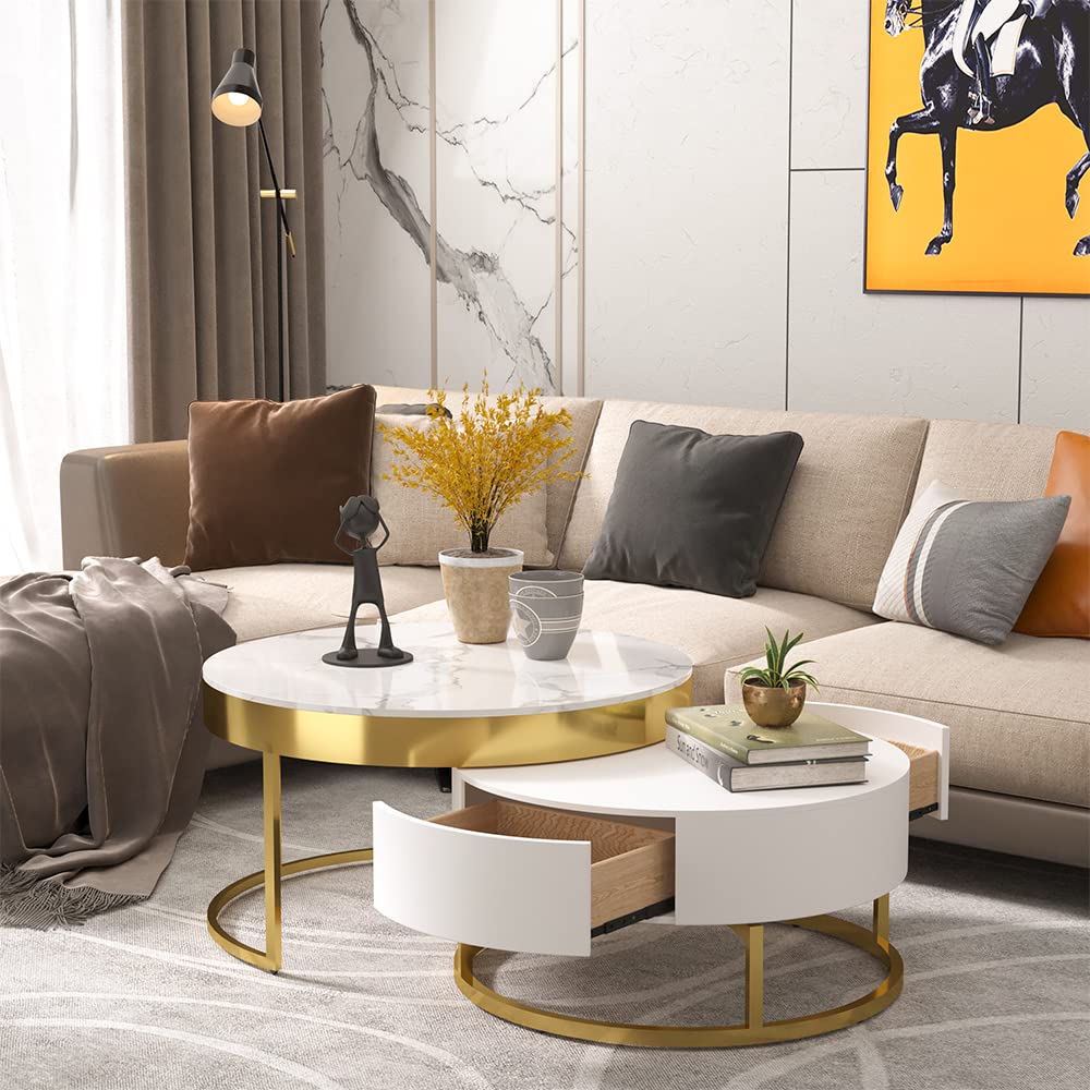 White Round Coffee Table with Storage - Faux Marble Nesting End Table with Rotatable Drawers for Living Room, Bedroom & Office - Modern Home Decor Furniture