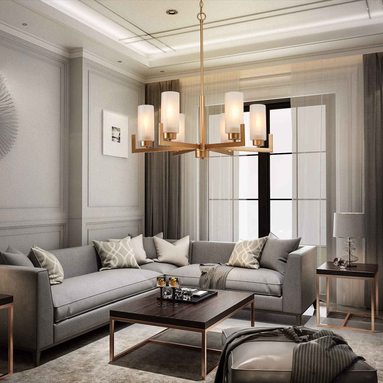 6-Light Gold Chandelier with White Frosted Glass Shades - Modern Crystal Ceiling Light Fixture for Dining Room, Living Room, Kitchen & Bedroom - Perfect for Home Decor, Wedding & Restaurant Lighting
