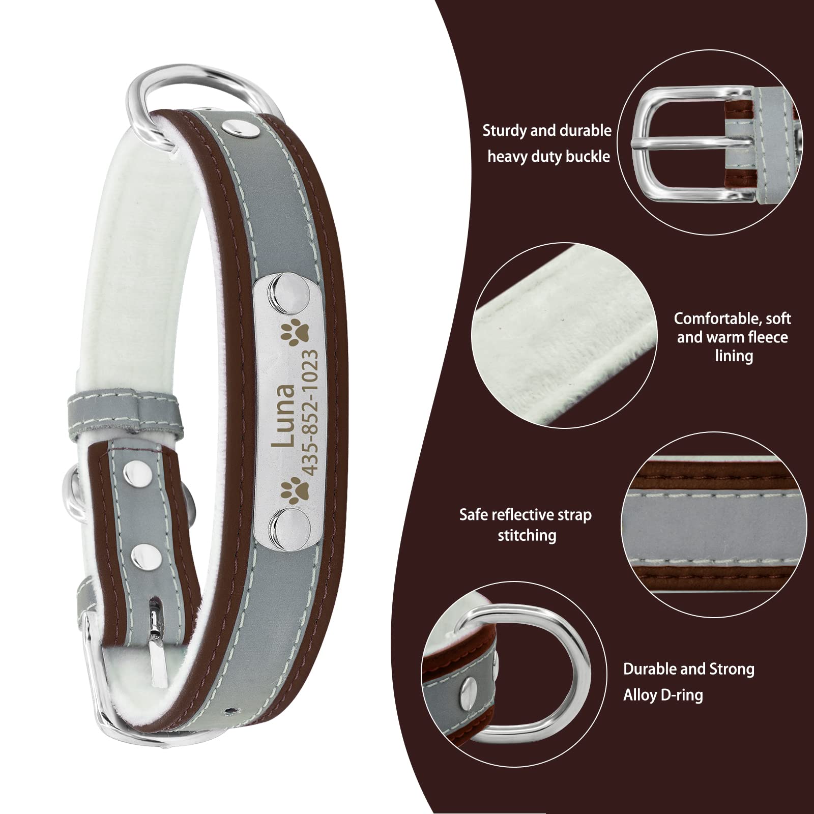 Custom Engraved Reflective Dog Collar & Leash Set with Name Plate - Personalized Leather Pet Collar for Small Medium Large Dogs & Cats | Perfect for Night Walks, Outdoor Adventures & Pet Safety