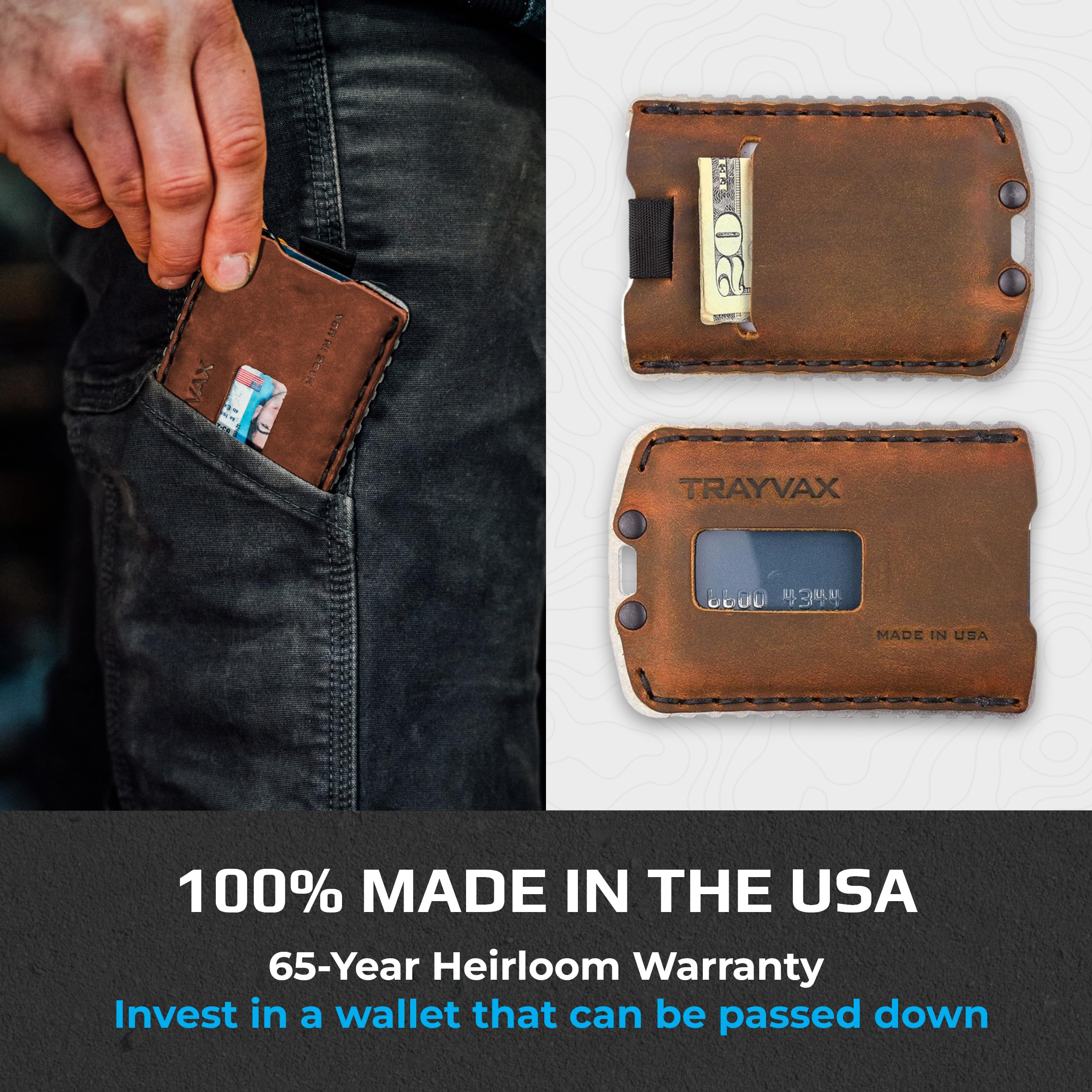 Trayvax Ascent RFID Blocking Front Pocket Wallet - Slim Leather & Metal Minimalist Wallet for Men & Women - Raw Tobacco Brown - Perfect for Travel, Everyday Carry & Secure Credit Card Storage