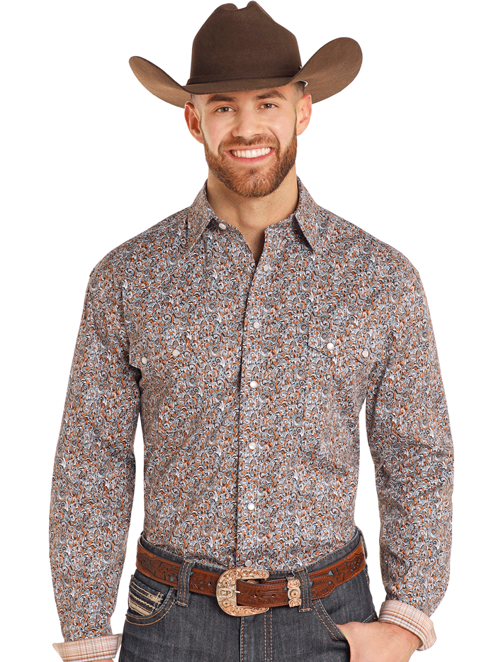 Men's Western Snap Long Sleeve Shirt in Orange - Classic Cowboy Style for Rodeo, Ranch Work & Casual Wear
