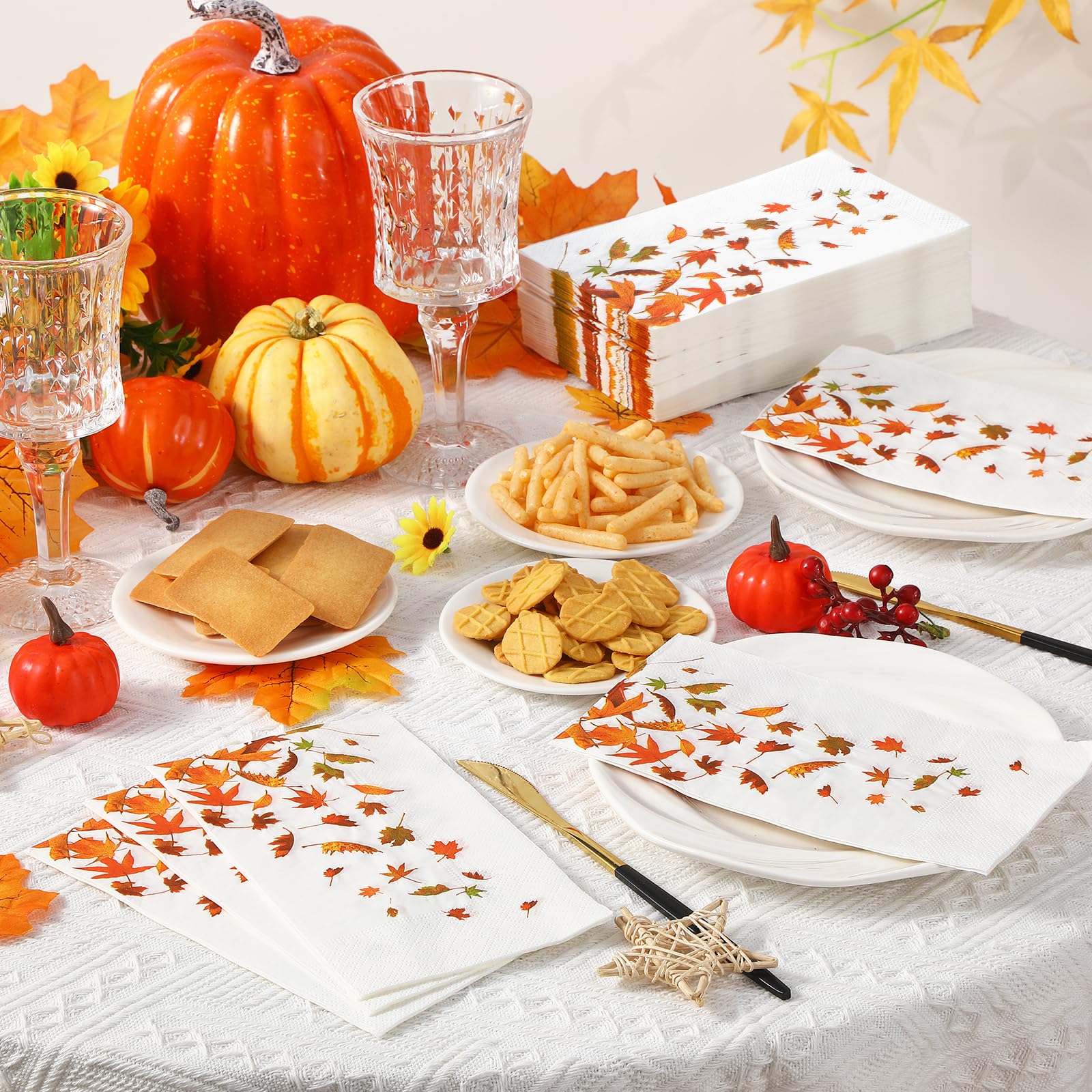 100PCS Fall Leaves Napkins - 3-Ply Disposable Thanksgiving Napkins for Bathroom & Kitchen | Decorative Autumn Paper Guest Towels | Perfect for Thanksgiving Dinner, Fall Home Decor & Party Table Settings