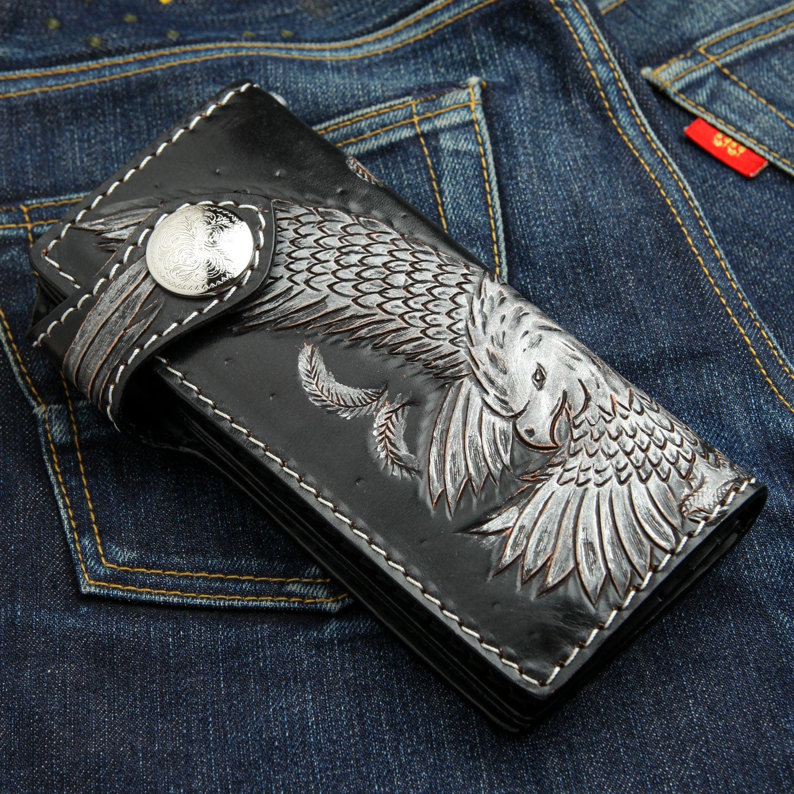 Genuine Cowhide Leather Biker Wallet for Men - American Eagle Harley Davidson Style - Perfect for Motorcycle Riders & Everyday Use