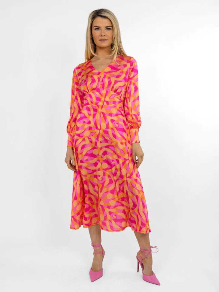 Birkin Midi Dress for Women - Floral Print Summer Dress in Pink & Orange | Perfect for Beach, Vacation, and Casual Outings
