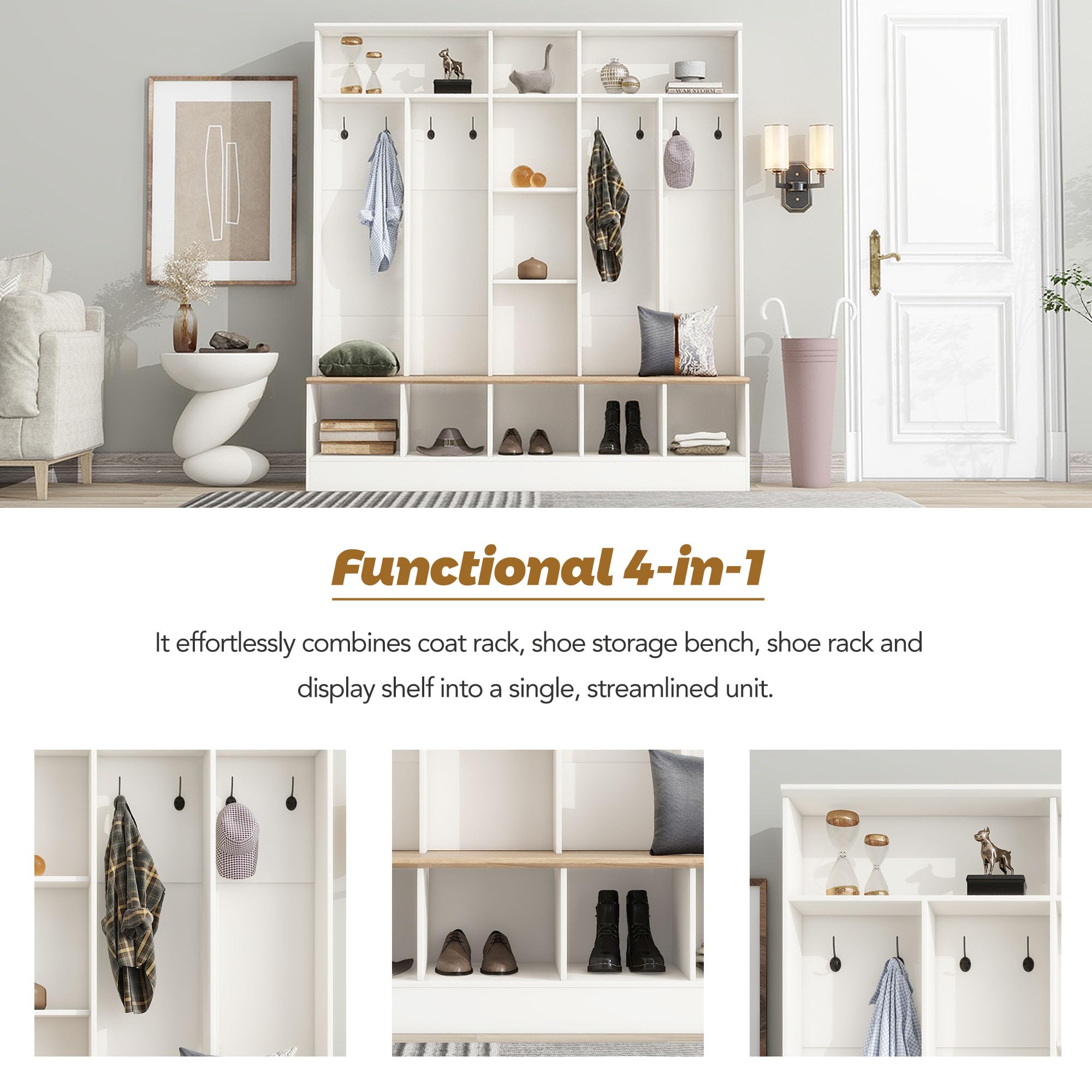 66.9 Inch Wide Entryway Hall Tree with Shelves, 8 Hooks & Storage Bench - White Shoe Cabinet with Coat Rack & Cube Storage for Mudroom Organization - Perfect for Entryway, Hallway & Home Foyer Decor