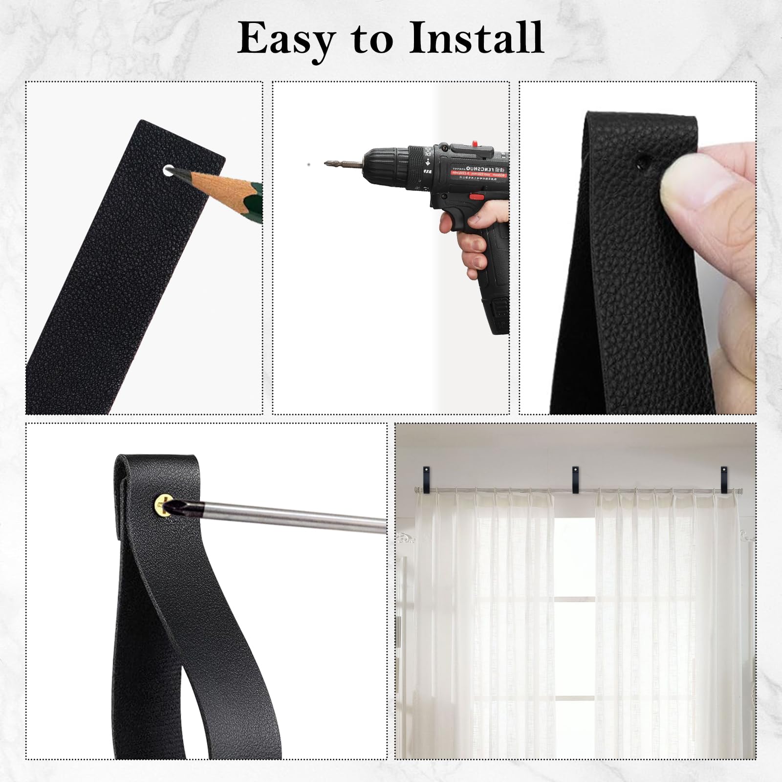 10 Pcs Black Leather Curtain Rod Holders with Screws - Wall Mounted Brackets & Hooks for Hanging Curtains in Bathroom, Kitchen, Bedroom - Durable Strap Design for Easy Installation & Stylish Home Decor