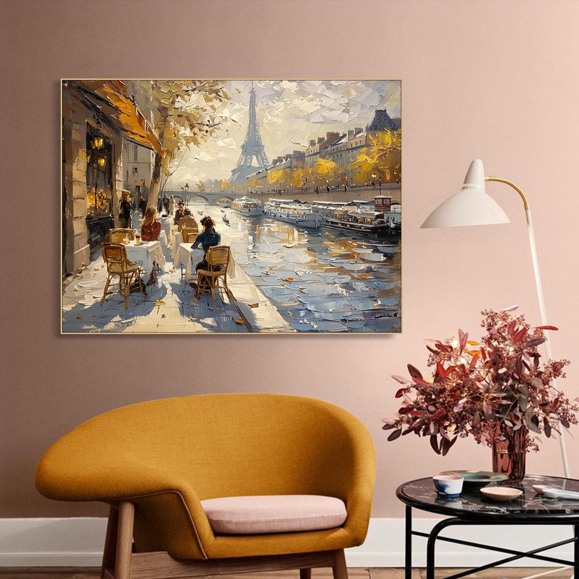 Afternoon at the Seine Painting - Impressionist Wall Art Decor for Living Room, Bedroom & Office - Paris River Landscape Canvas Print