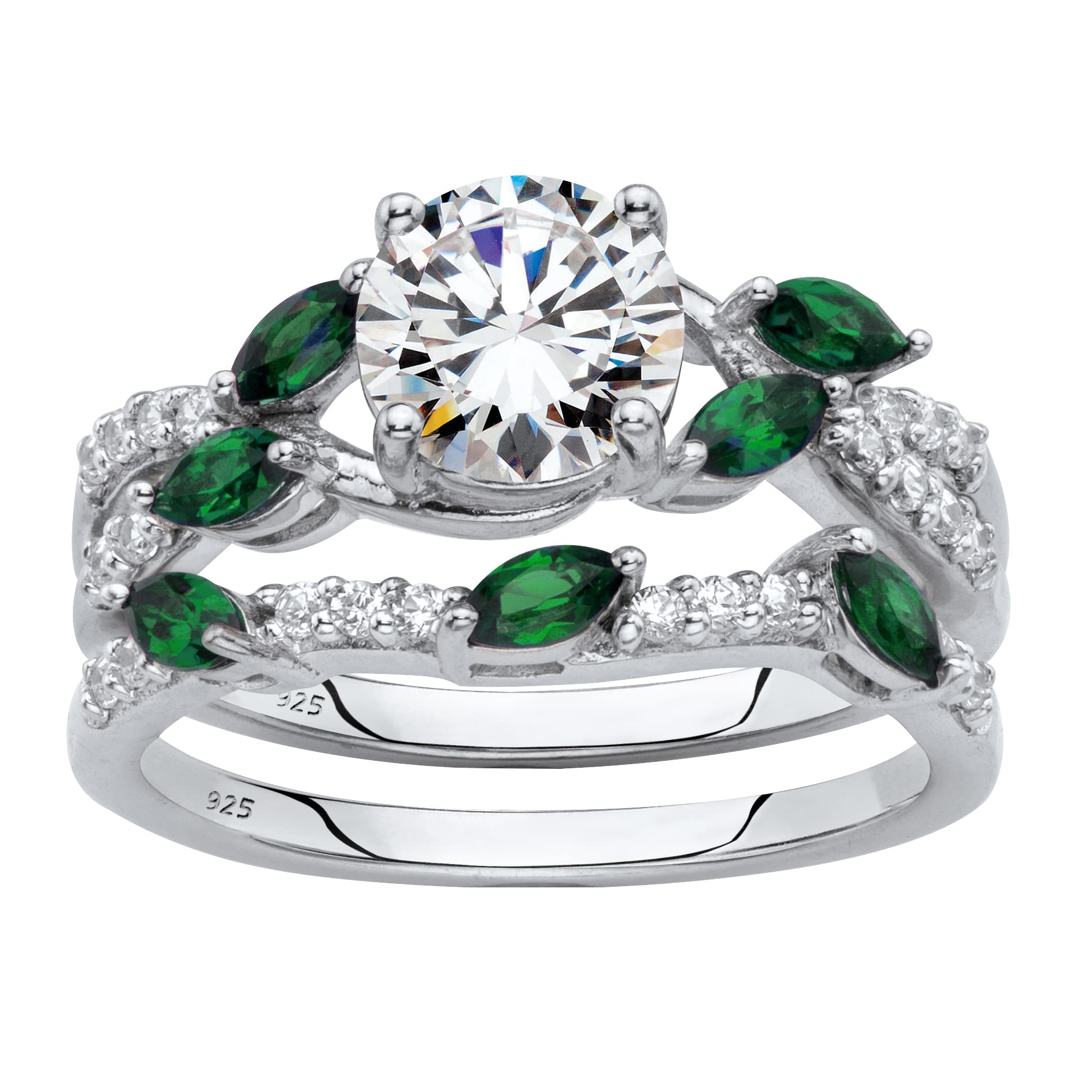 Platinum Over Sterling Silver Round Cubic Zirconia & Marquise Green Emerald Twisted Vine Bridal Ring Set - Elegant Wedding, Engagement, Anniversary Jewelry Gift for Women