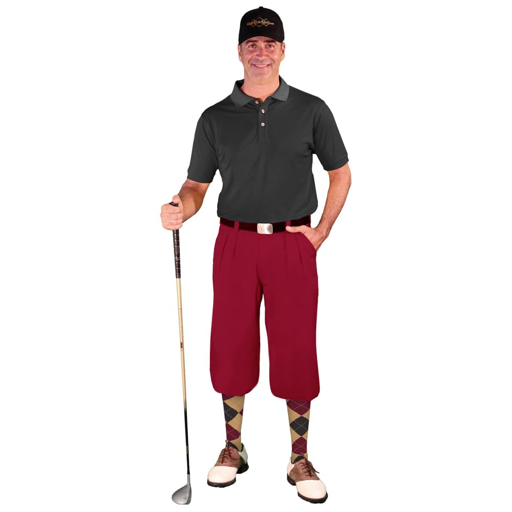 Men's Stylish Outfit Set - Maroon Microfiber Black Golf Shirt, Limited Edition Ball Cap & Over-The-Calf Argyle Socks | Perfect for Golf, Casual Wear & Outdoor Activities