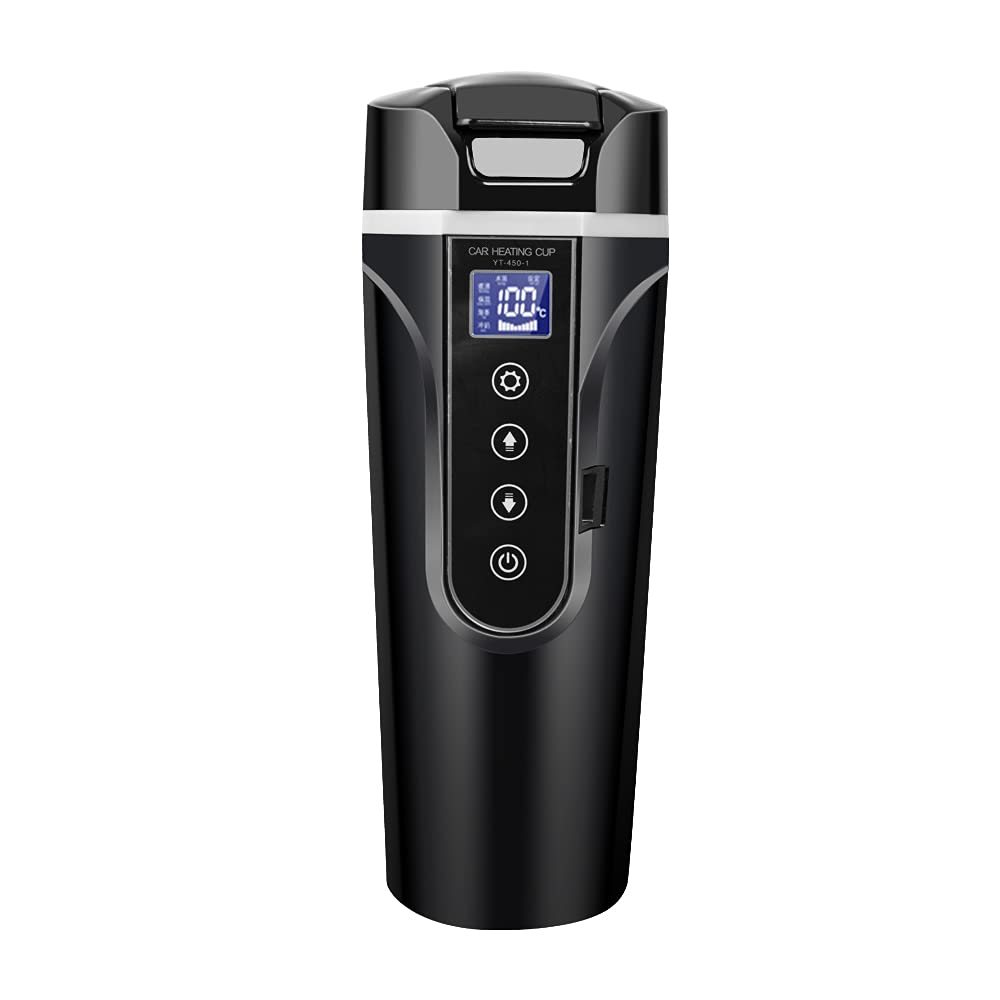Oysfeel 12V/24V Portable Car Heating Cup with LED Screen - 15oz Stainless Steel Electric Water Warmer & Coffee Kettle with Temperature Control - Perfect for Road Trips, Commuting, and Office Use