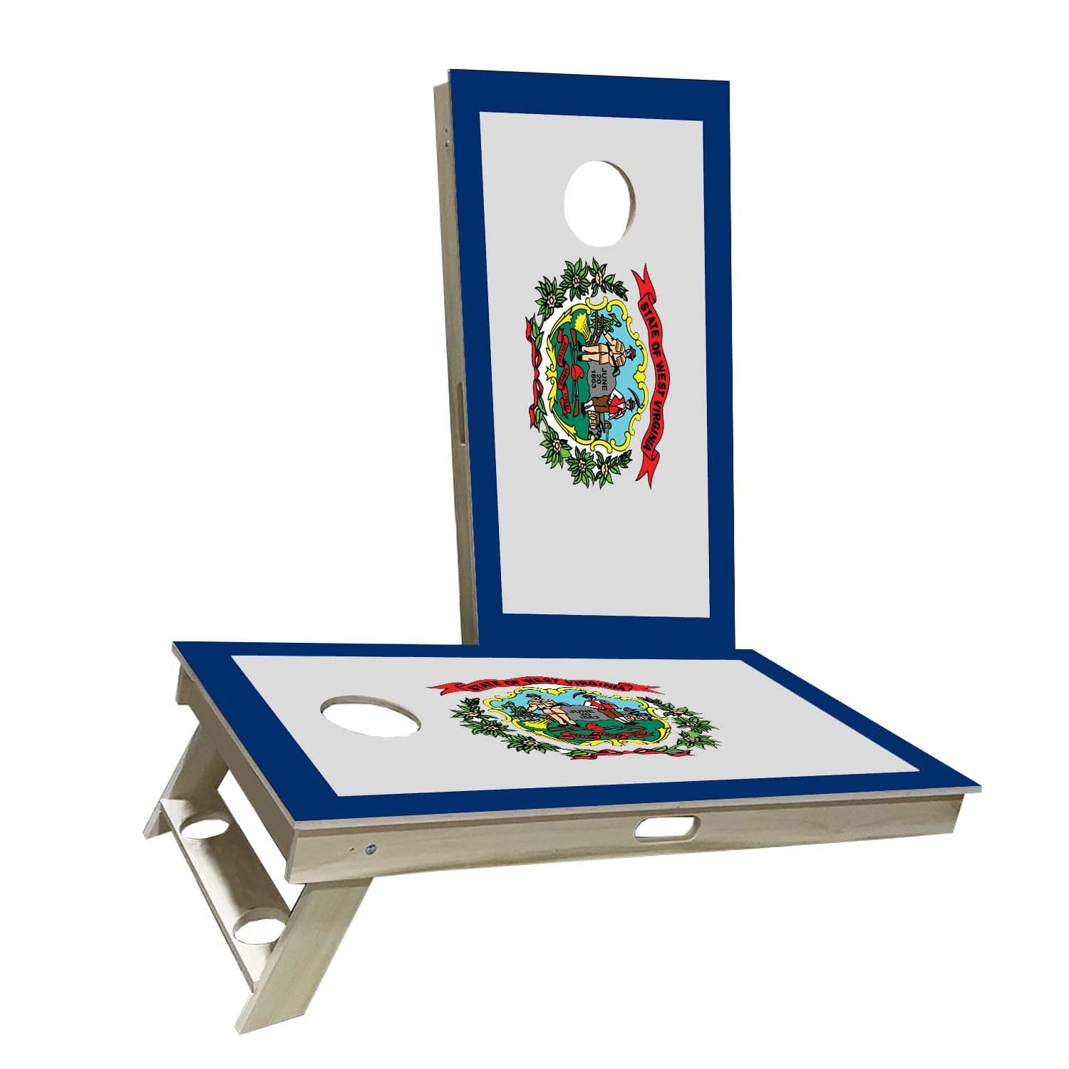 Skip's Garage West Virginia Flag Cornhole Set - Premium Solid Wood Portable Cornhole Boards with WV State Design - Official Regulation Size Outdoor Lawn Game for Tailgating, Backyard Parties & BBQs
