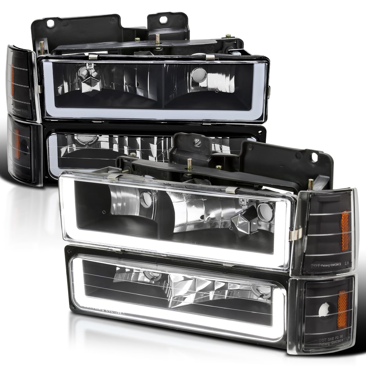 Spec-D Tuning Black LED Bar Headlights with Bumper Lamps & Corner Lights - Compatible with 1994-1998 GMC C10 C/K 1500 Suburban Yukon - Left & Right Pair Headlamp Assembly - Upgrade for Off-Road & Night Driving Visibility