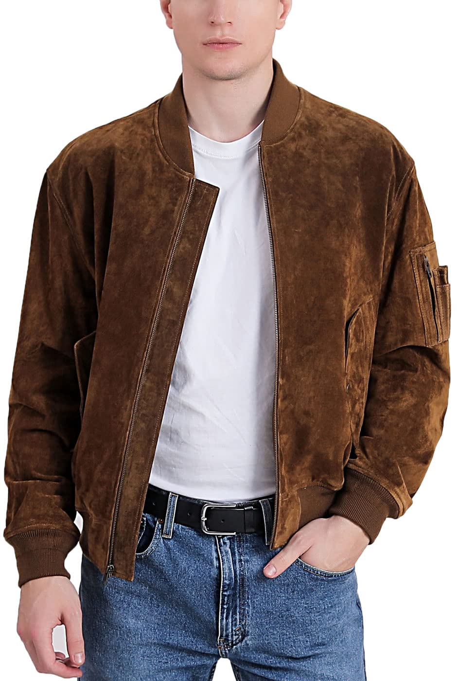 Premium Men's MA-1 Suede Leather Bomber Jacket - Classic Flight Jacket for Men (Big & Tall Sizes Available) - Perfect for Casual Wear, Night Out & Motorcycle Riding