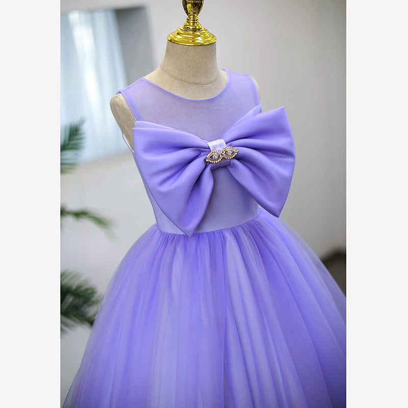 Elegant Purple Tulle A-Line Flower Girl Dress with Bow & Pleated Floor-Length Skirt - Perfect for Weddings, Pageants & Special Occasions