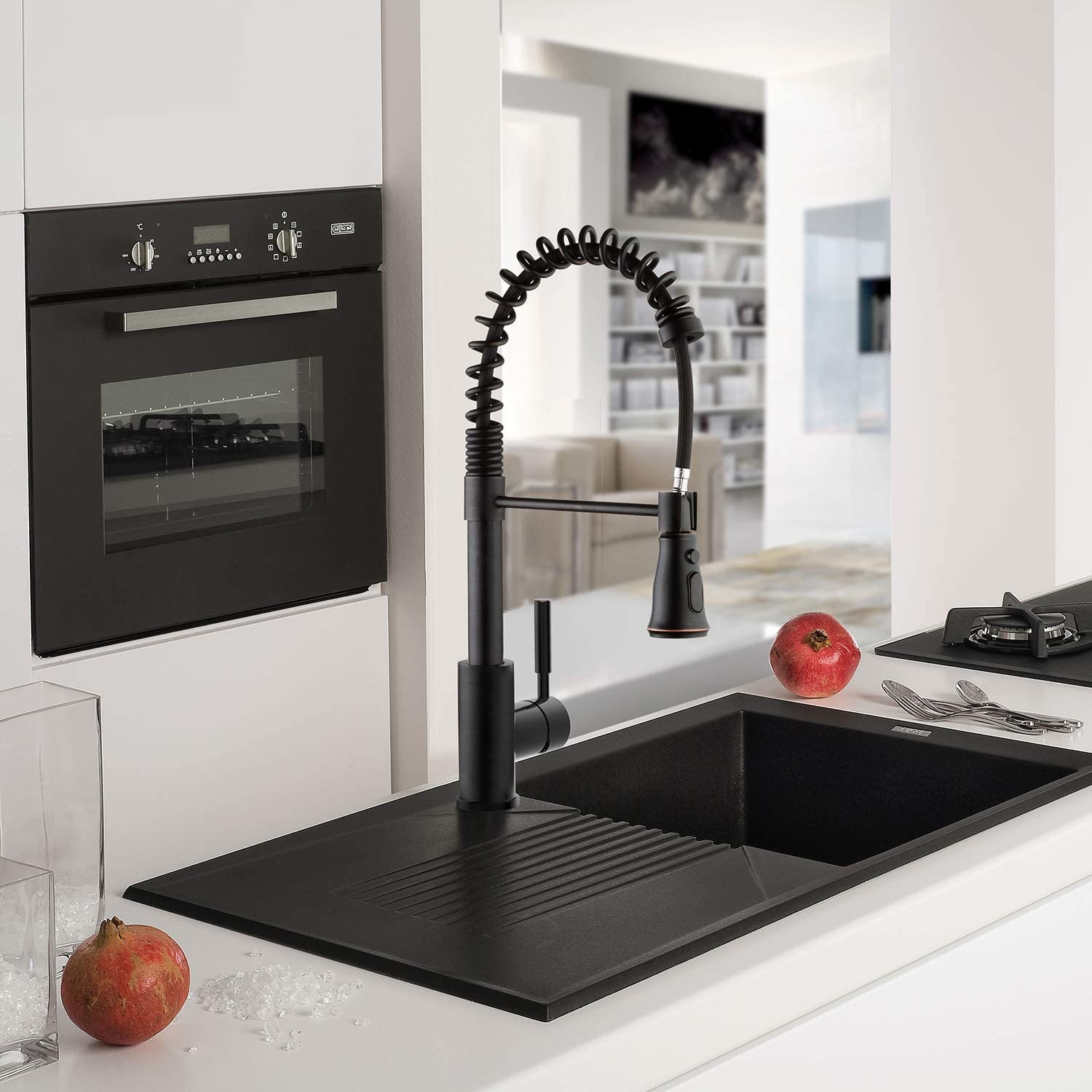 Oil Rubbed Bronze Commercial Kitchen Faucet with Pull Down Sprayer - Single Handle Modern RV Faucet with Deck Plate - 3 Function Laundry Sink Faucet for Restaurants, Food Trucks & Home Kitchens