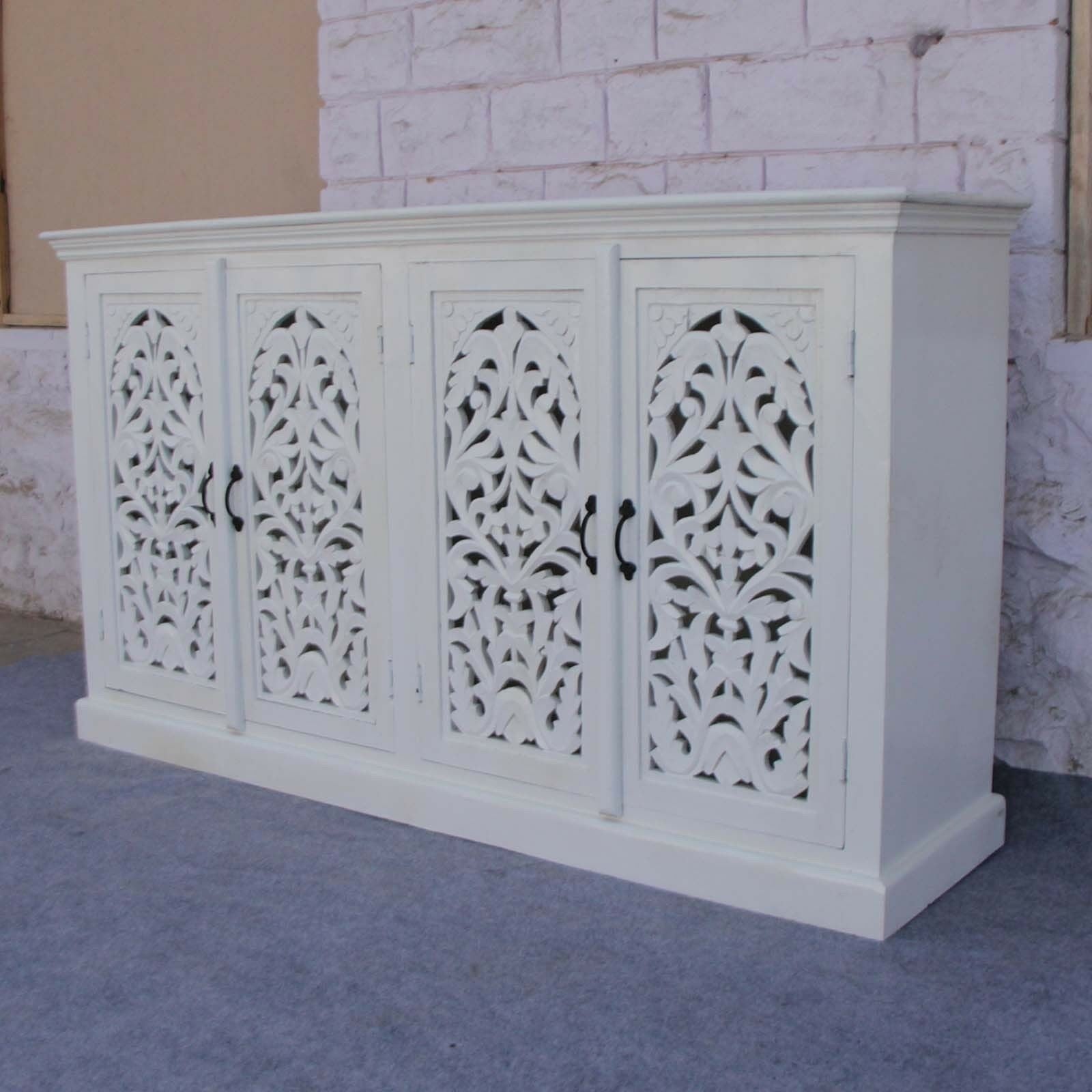 Hand Carved White Floral Jali Design Sideboard 160cm - Elegant Storage Solution for Living Room, Dining Room & Entryway