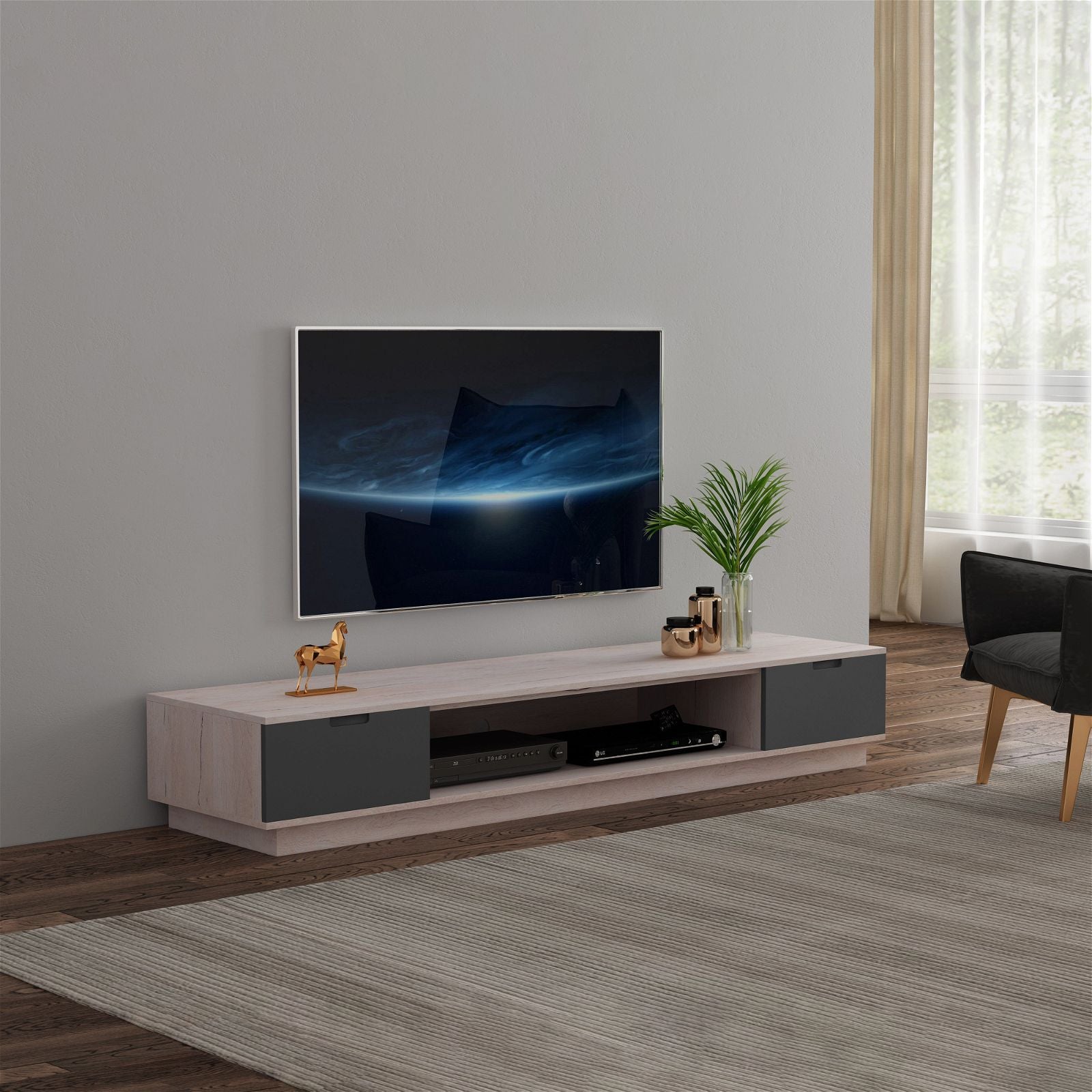 TAURIS RIO2200LL Solid Oak Entertainment Center - Modern TV Stand with Storage for Living Room, Bedroom & Home Theater
