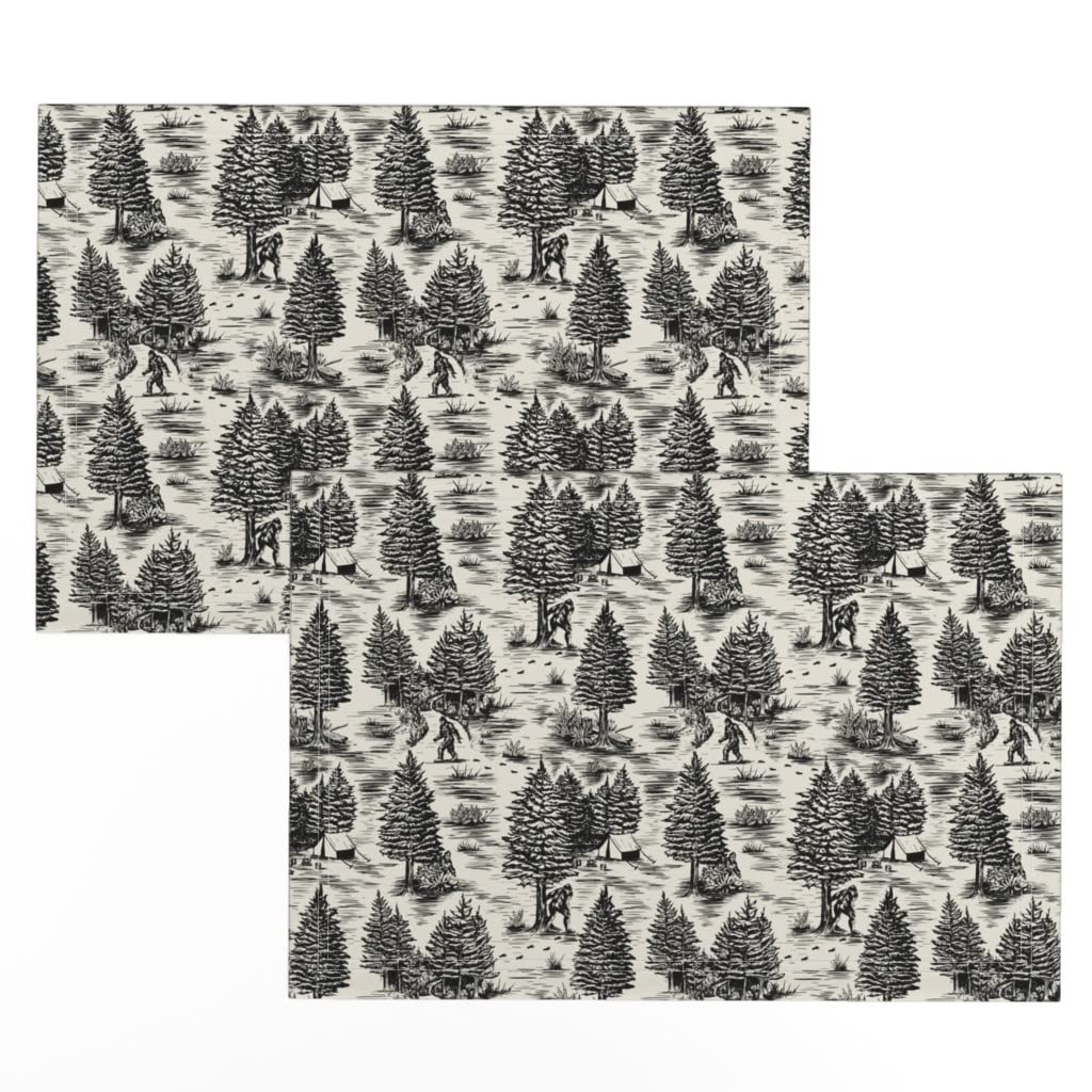 Bigfoot Sasquatch Toile Print Linen Cotton Canvas Placemats (Set of 2) - Black Forest Camping Fantasy Design for Dining Table Decor, Kitchen Accessories & Outdoor Picnic Use