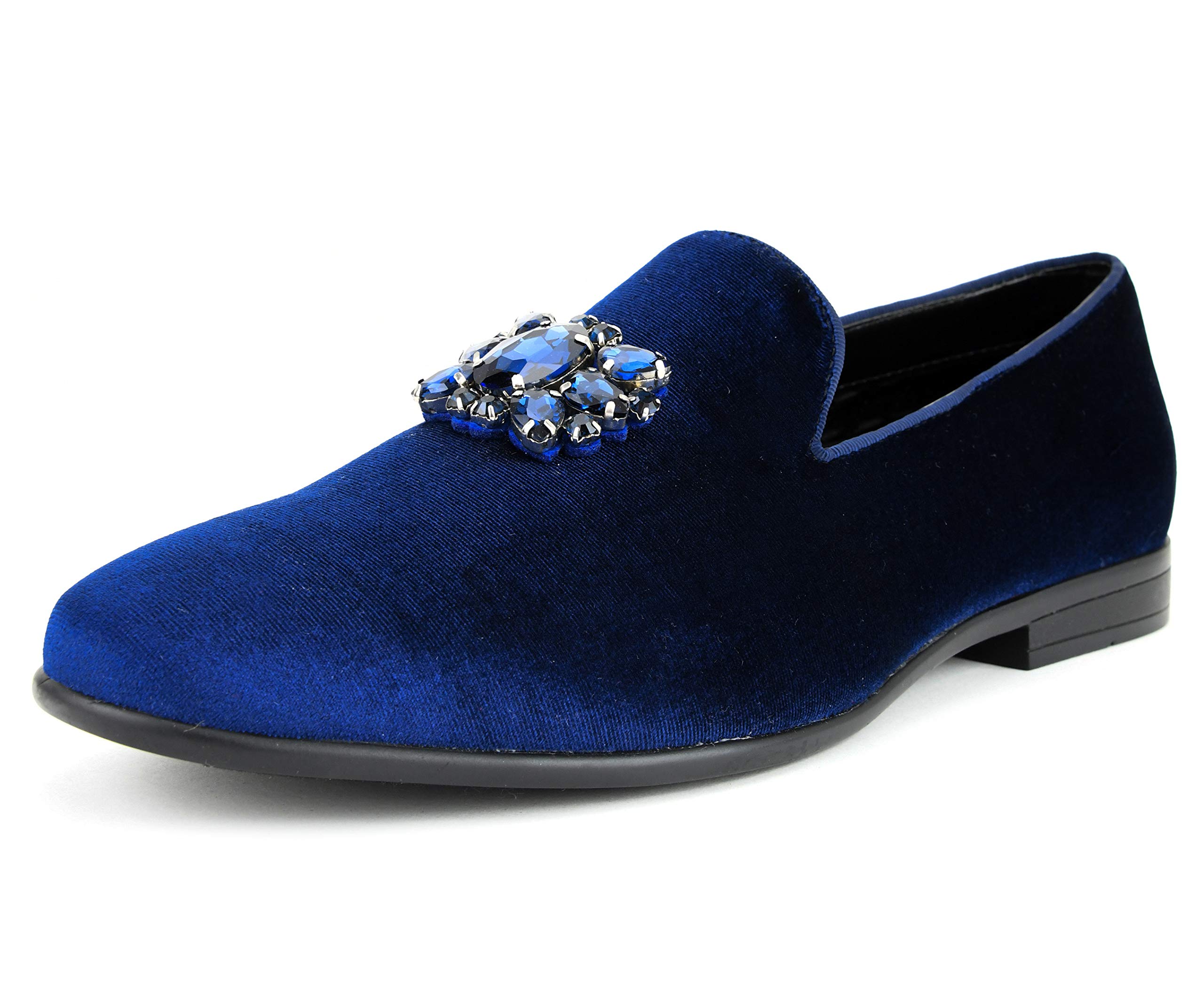 Amali Tiago Men's Faux Velvet Slip-On Loafers with Jeweled Bit & Matching Piping - Formal Tuxedo Dress Shoes for Weddings, Parties & Business Events