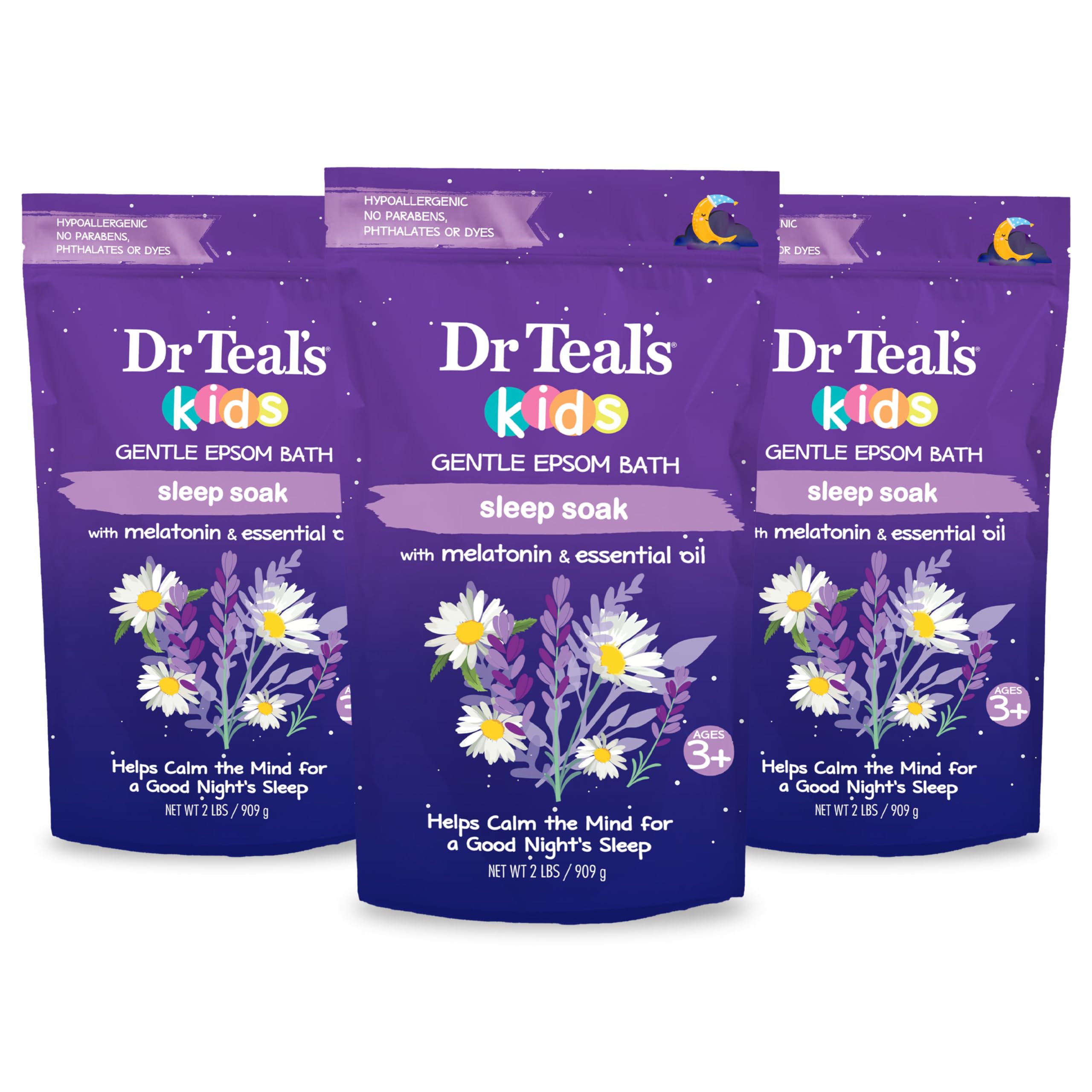 Dr Teal's Kids 3-in-1 Elderberry Bubble Bath, Body Wash & Shampoo with Gentle Epsom Salt - 20 fl oz & 2 lb Sleep Soak with Melatonin & Essential Oils (Pack of 3) | Relaxing Bedtime Bath for Kids, Calming Aromatherapy & Gentle Skin Care