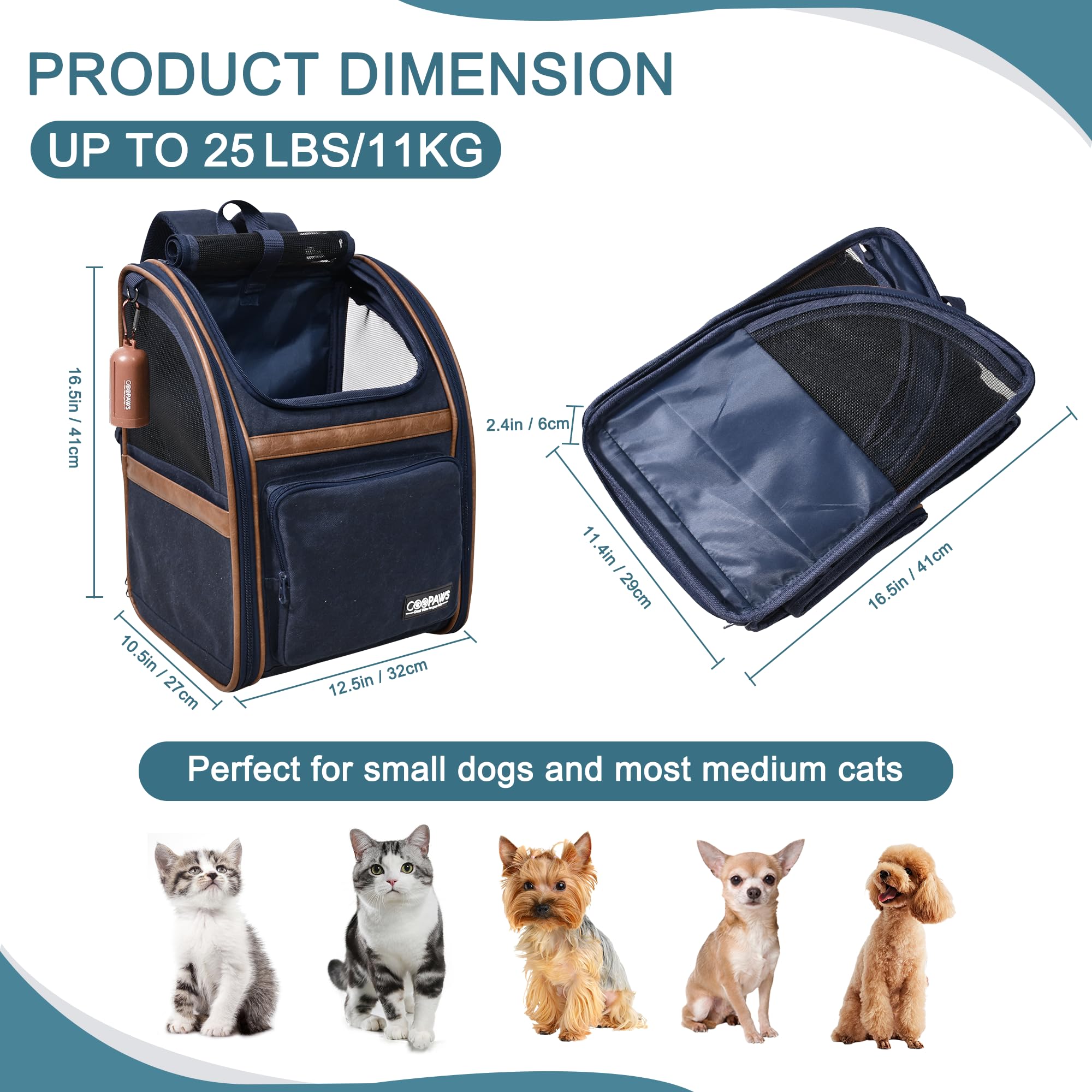 JESPET & GOOPAWS Collapsible Pet Carrier Backpack for Dogs and Cats - Breathable Mesh Design for Hiking, Travel, Camping & Outdoor Adventures - Holds Pets Up to 25 lbs (Navy Blue) - Perfect for Airplane, Car Rides & Vet Visits