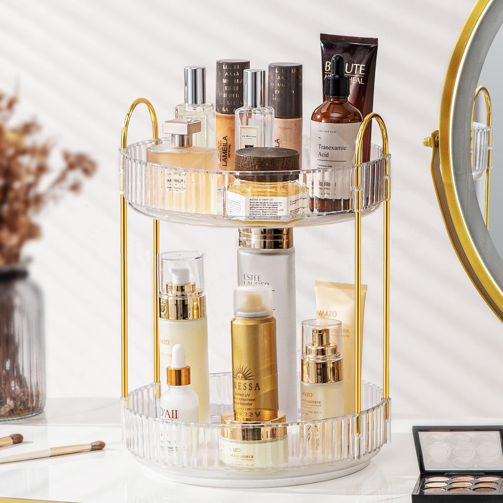 360° Rotating Acrylic Makeup Organizer - 2 Tier Spinning Cosmetic Storage for Perfume, Skincare & Beauty Products - Clear Vanity Desk Organizer for Bedroom, Bathroom & Countertop - Perfect for Daily Makeup Routine & Travel Beauty Essentials
