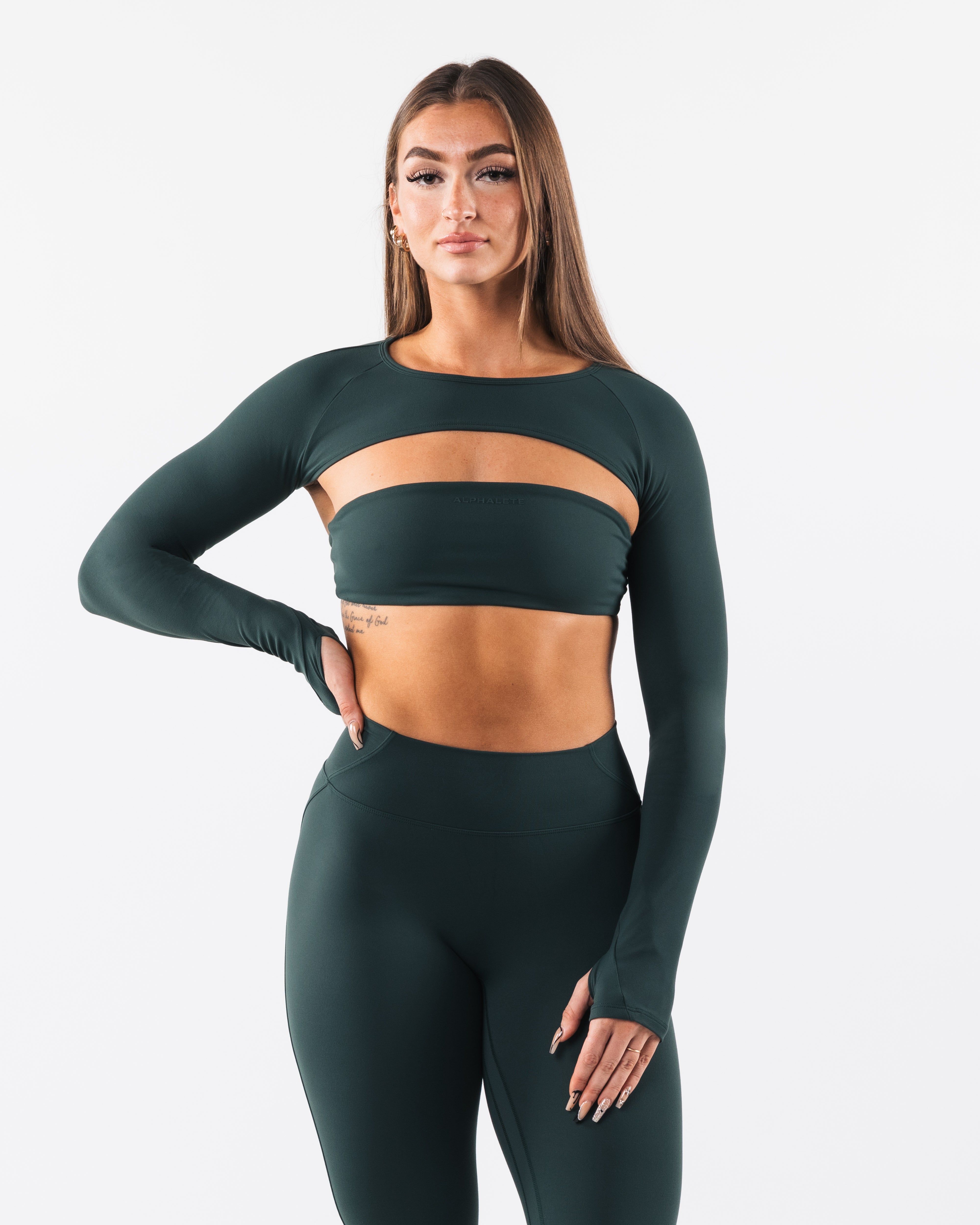 Aura Shrug Long Sleeve Top - Women's Fashion Cypress Green Loungewear for Yoga, Casual Wear & Layering