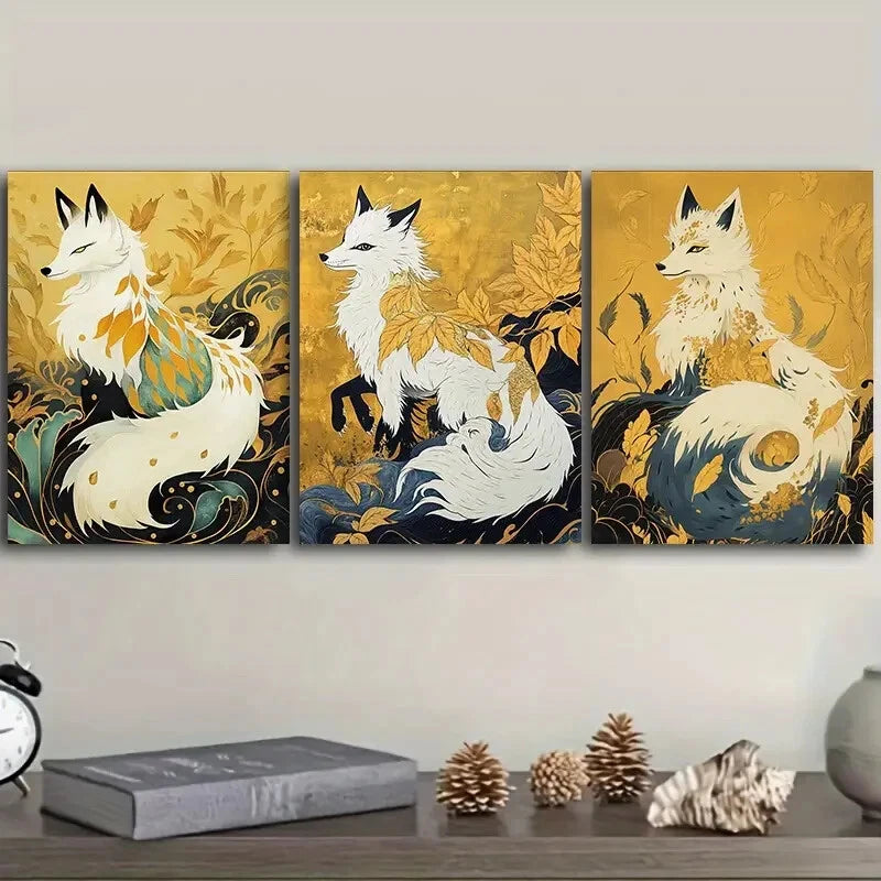 3-Piece Platinum Fox Art Painting - Metal Print Wall Decor Ready to Hang | Perfect for Living Room, Bedroom & Office