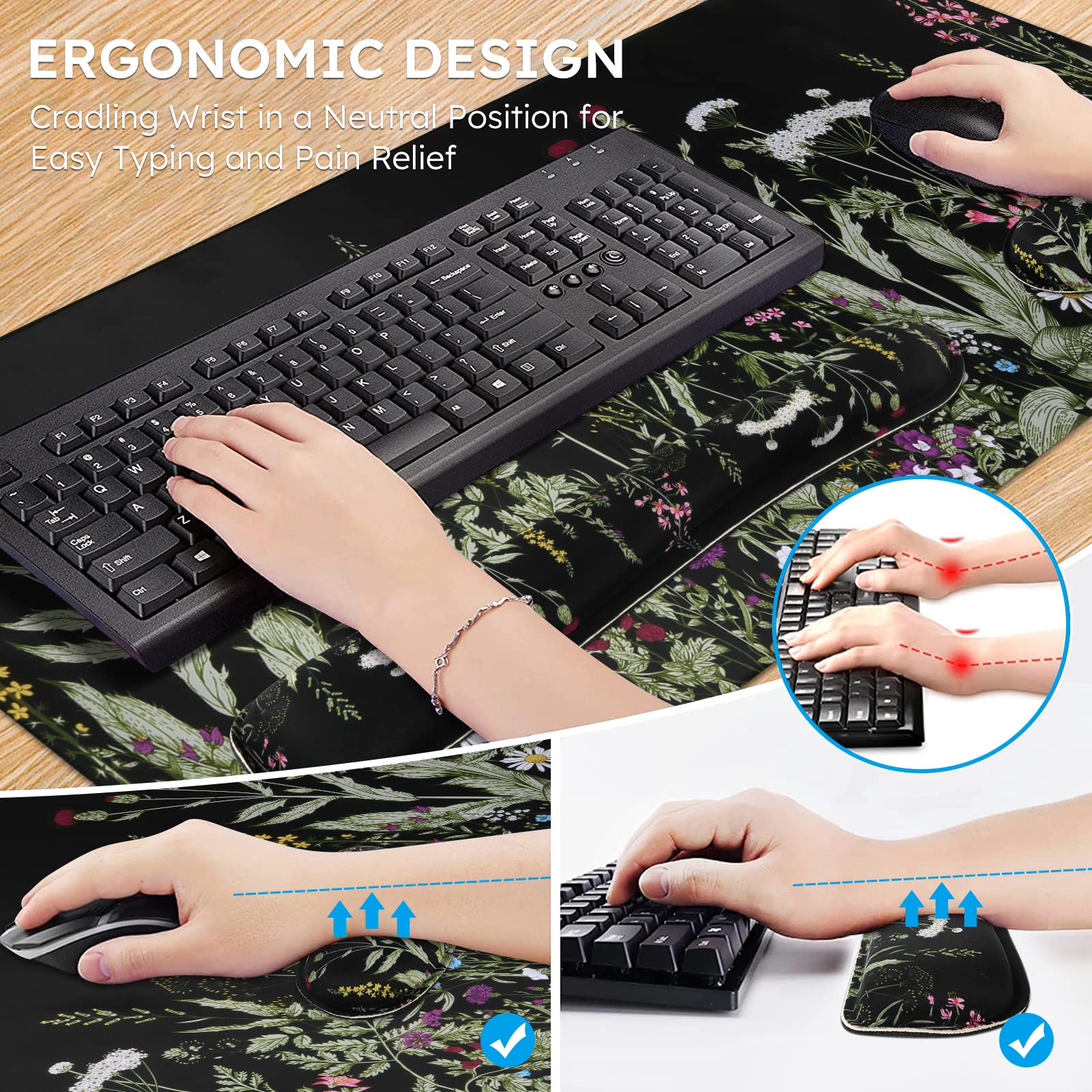 iCasso XXL 3-Piece Mouse Pad Set with Keyboard Wrist Rest - Extra Large Desk Mat for Computer, Gaming & Office Use - Ultra Thick Non-Slip Mousepad for Pain Relief & Comfortable Typing (Weeds Design) - Perfect for Home Office, Gaming Setup & Workspace Ergonomics