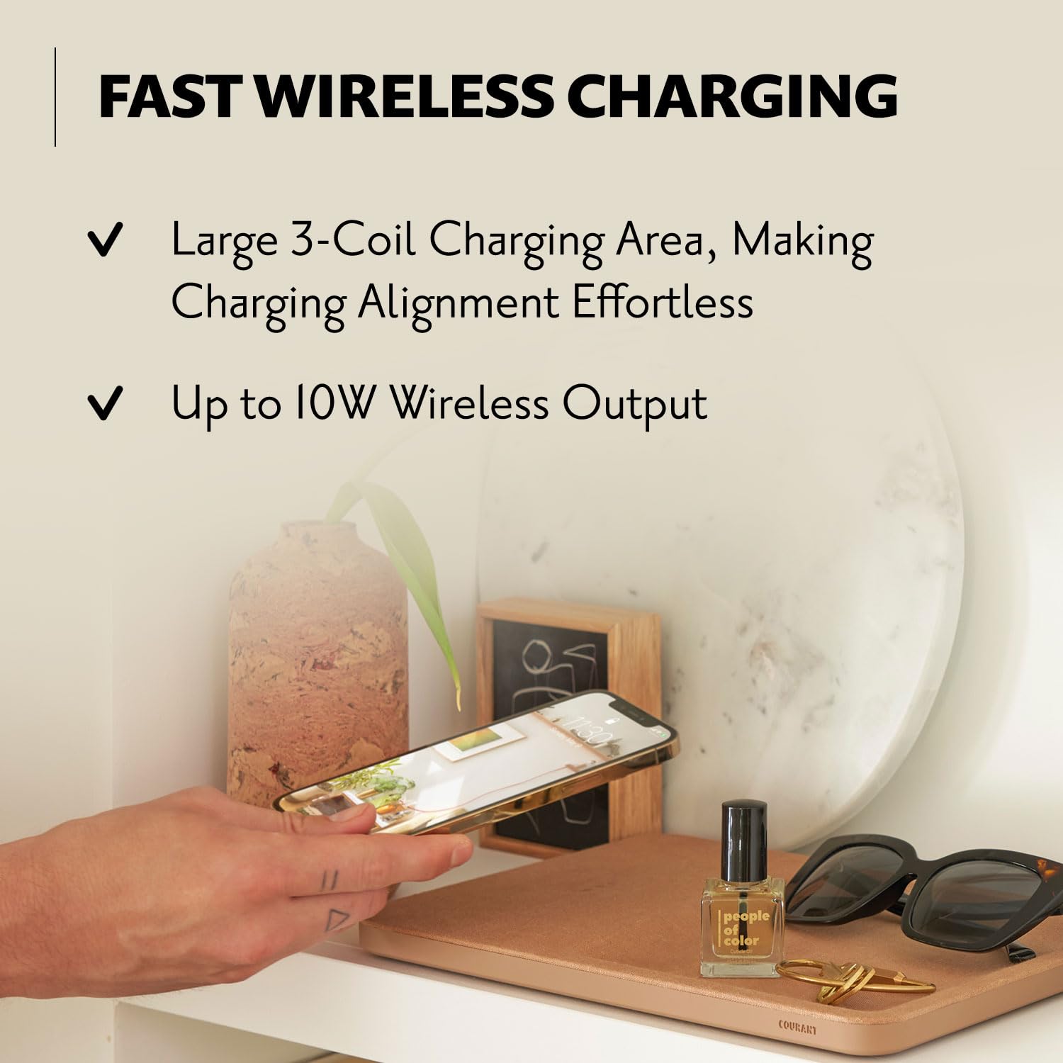 COURANT Catch:3 Belgian Linen Wireless Charging Station & Valet Tray (Charcoal) - Fast Qi-Certified Charger for iPhone 16/15/14/13/12, Galaxy S24/S23/S22, AirPods Pro - Nightstand Organizer with Phone Holder & Jewelry Storage | Perfect for Bedroom, Office Desk, Gift Idea