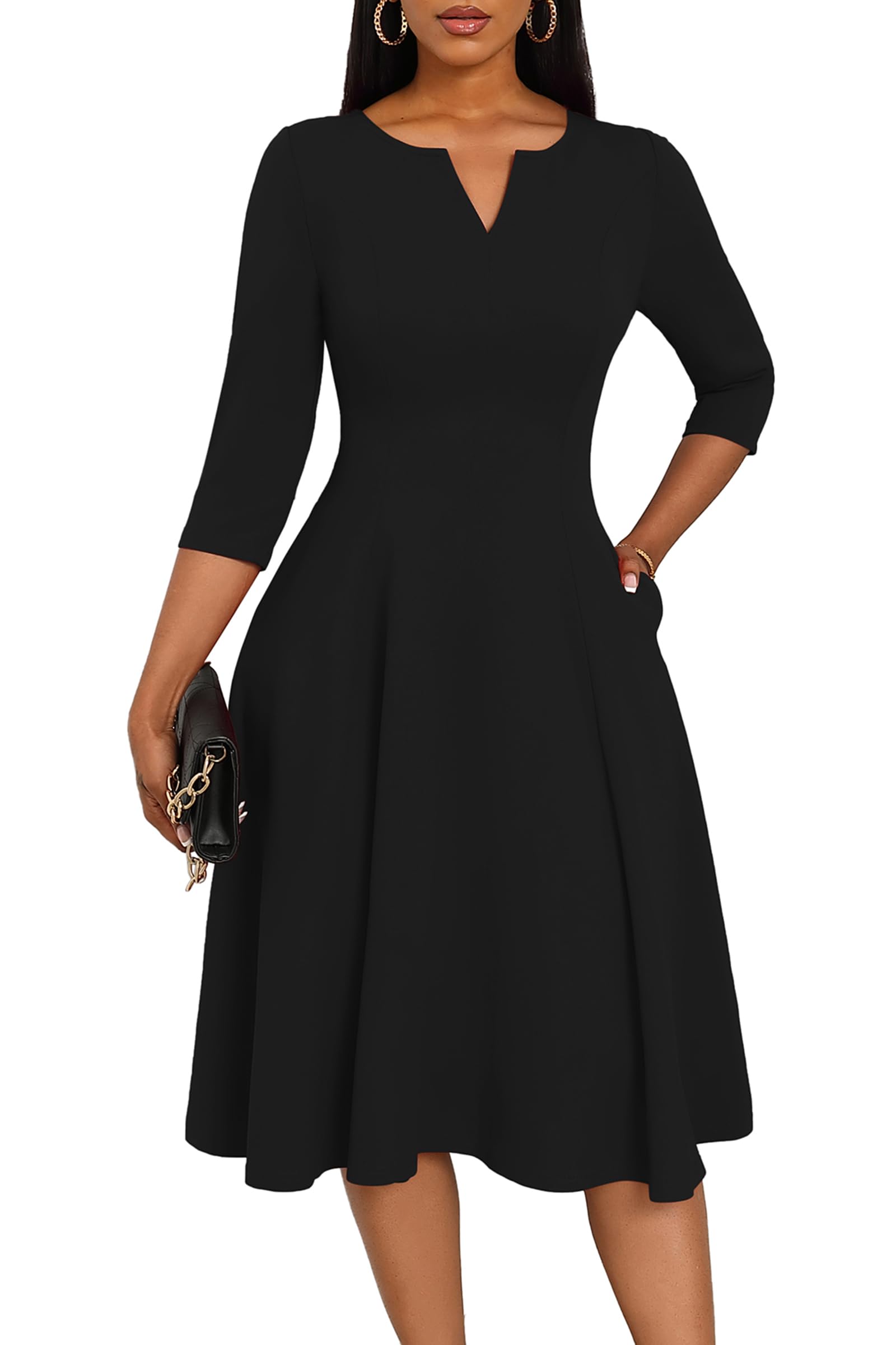 Nmoder Women's A-Line Fit and Flare Midi Dress with 3/4 Sleeves and V-Neck | Cocktail, Wedding Guest, Work Office Dress with Pockets | Perfect for Parties, Formal Events & Professional Occasions